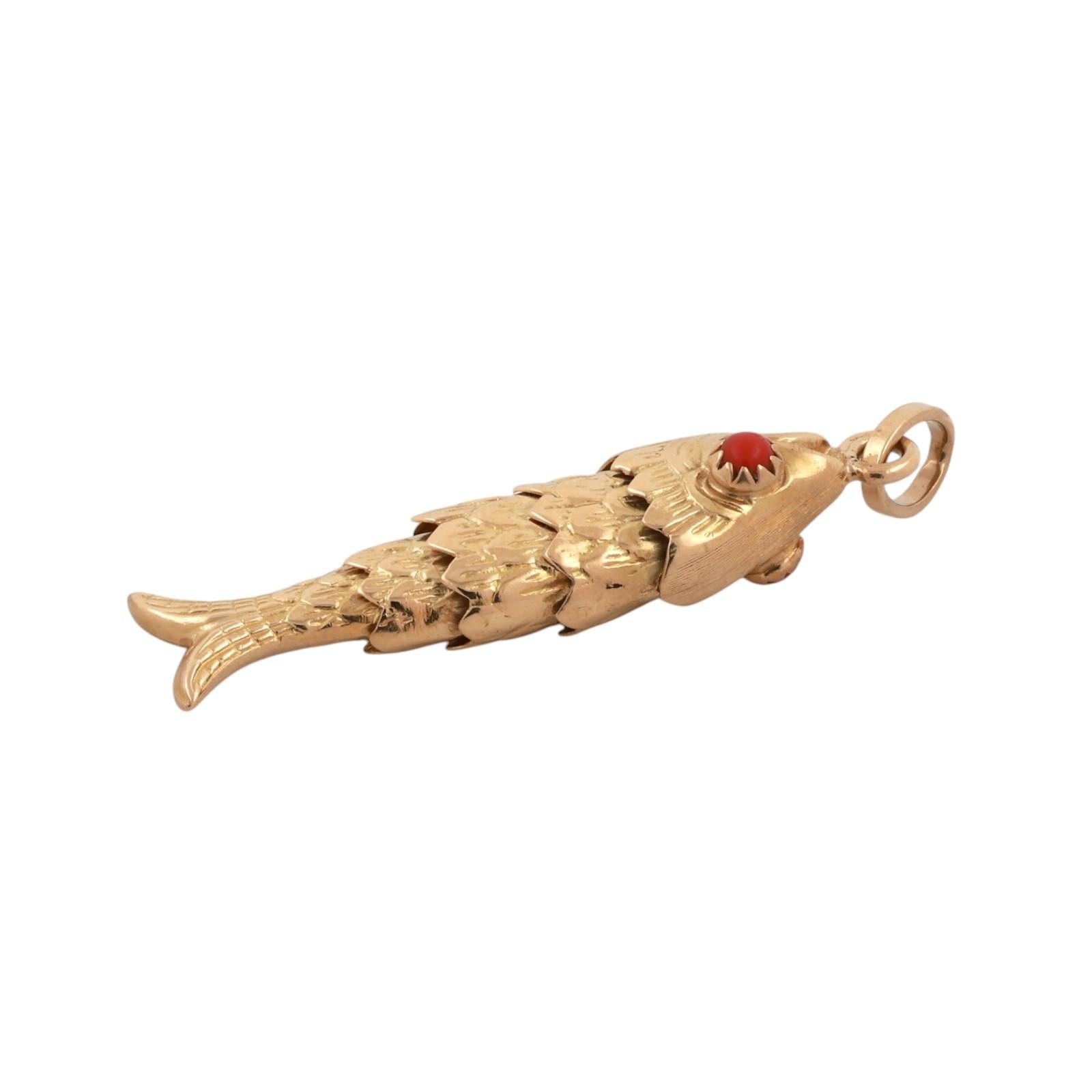 18K Yellow Gold Fish Charm Pendant Coral Gem Eye Accents Flexible 1.88" Estate
