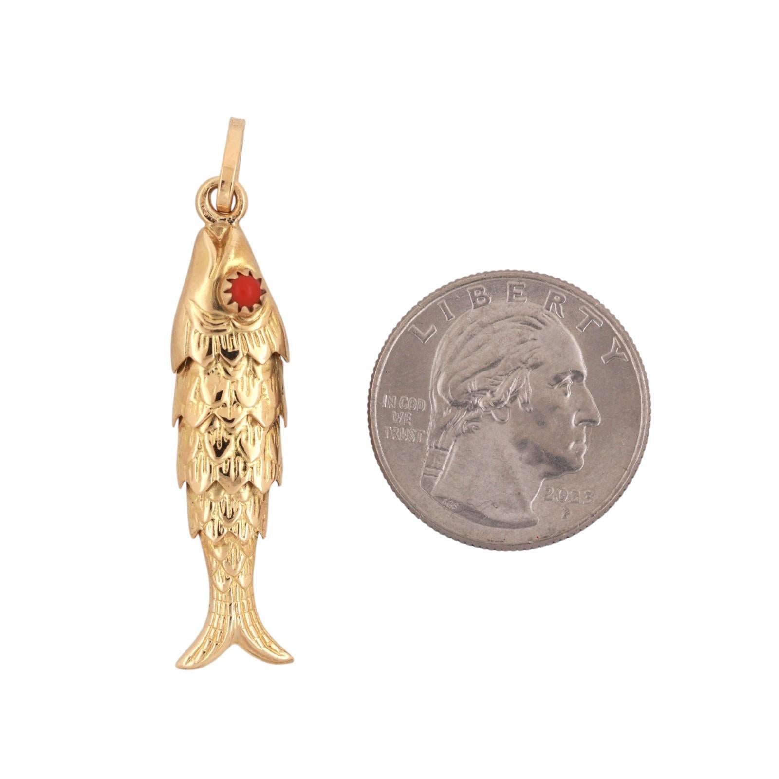 18K Yellow Gold Fish Charm Pendant Coral Gem Eye Accents Flexible 1.88" Estate