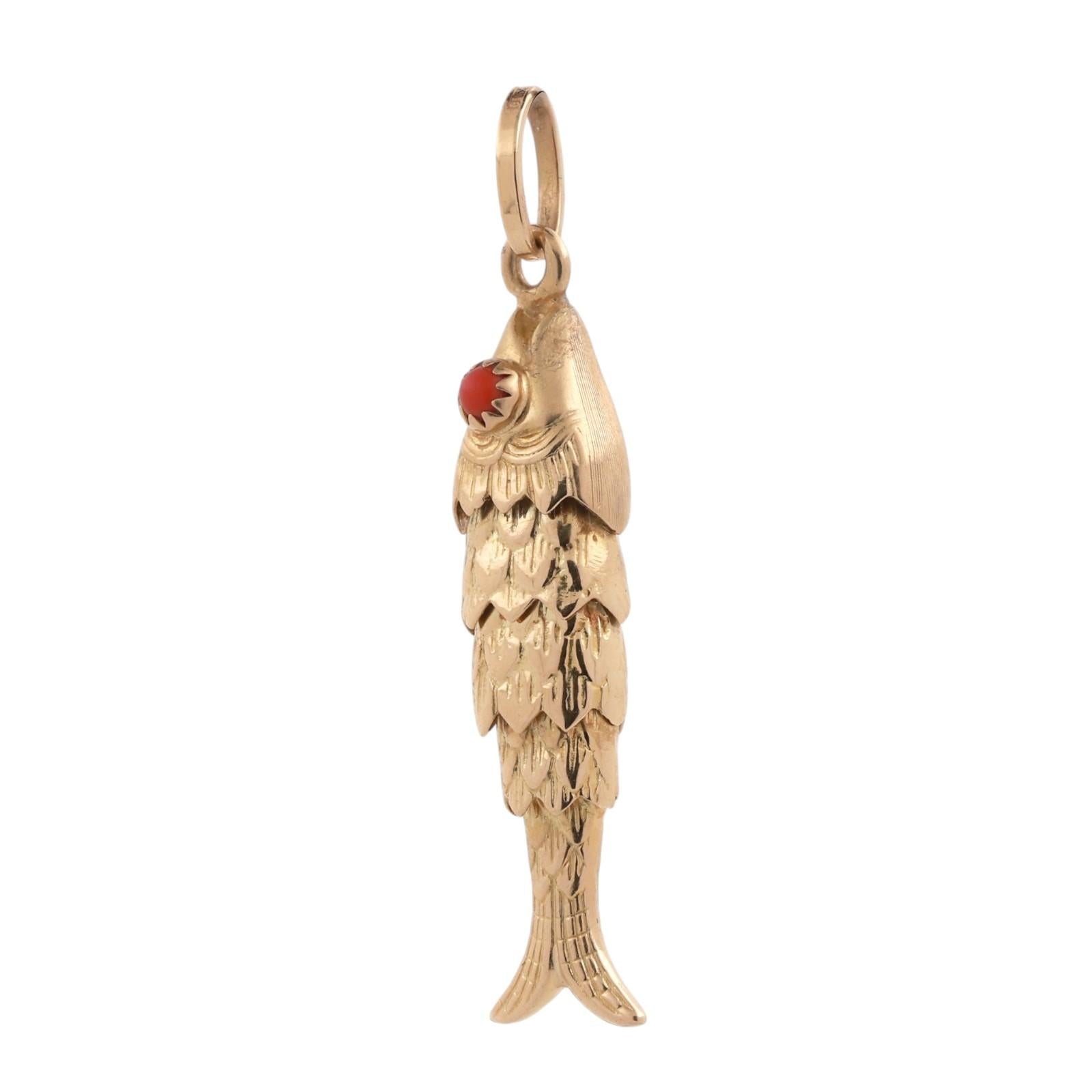 18K Yellow Gold Fish Charm Pendant Coral Gem Eye Accents Flexible 1.88" Estate