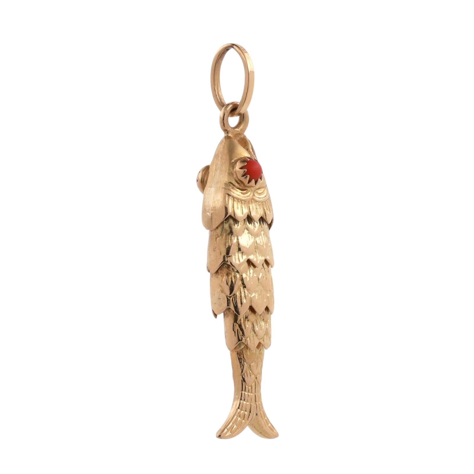 18K Yellow Gold Fish Charm Pendant Coral Gem Eye Accents Flexible 1.88" Estate