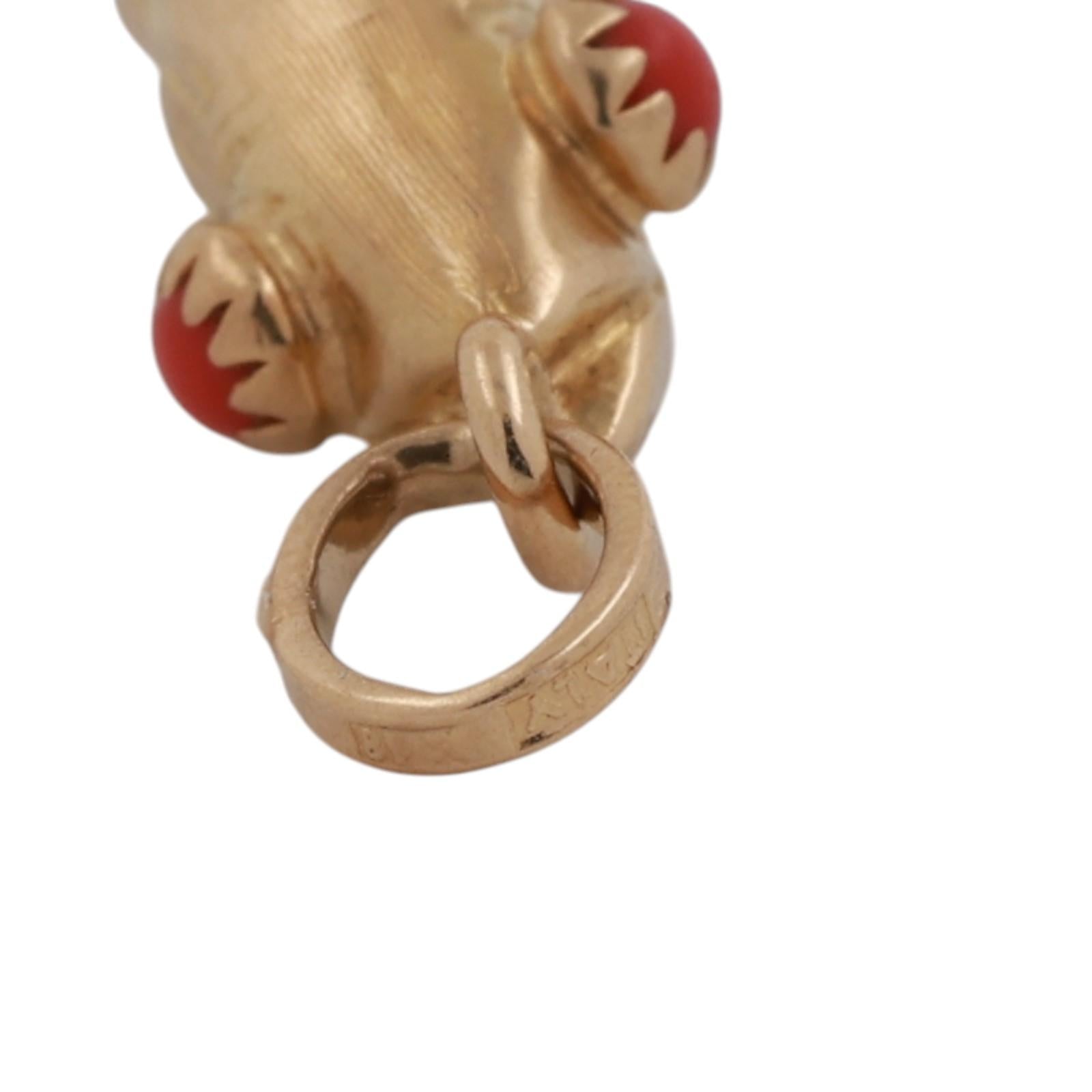 18K Yellow Gold Fish Charm Pendant Coral Gem Eye Accents Flexible 1.88" Estate