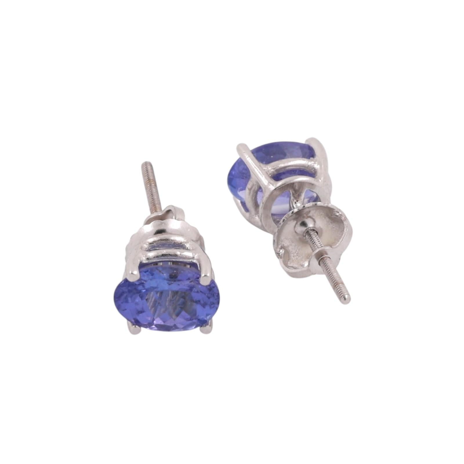 Oval Tanzanite Gemstone Stud Earrings 14K White Gold 1.70 CTW Ladies Estate