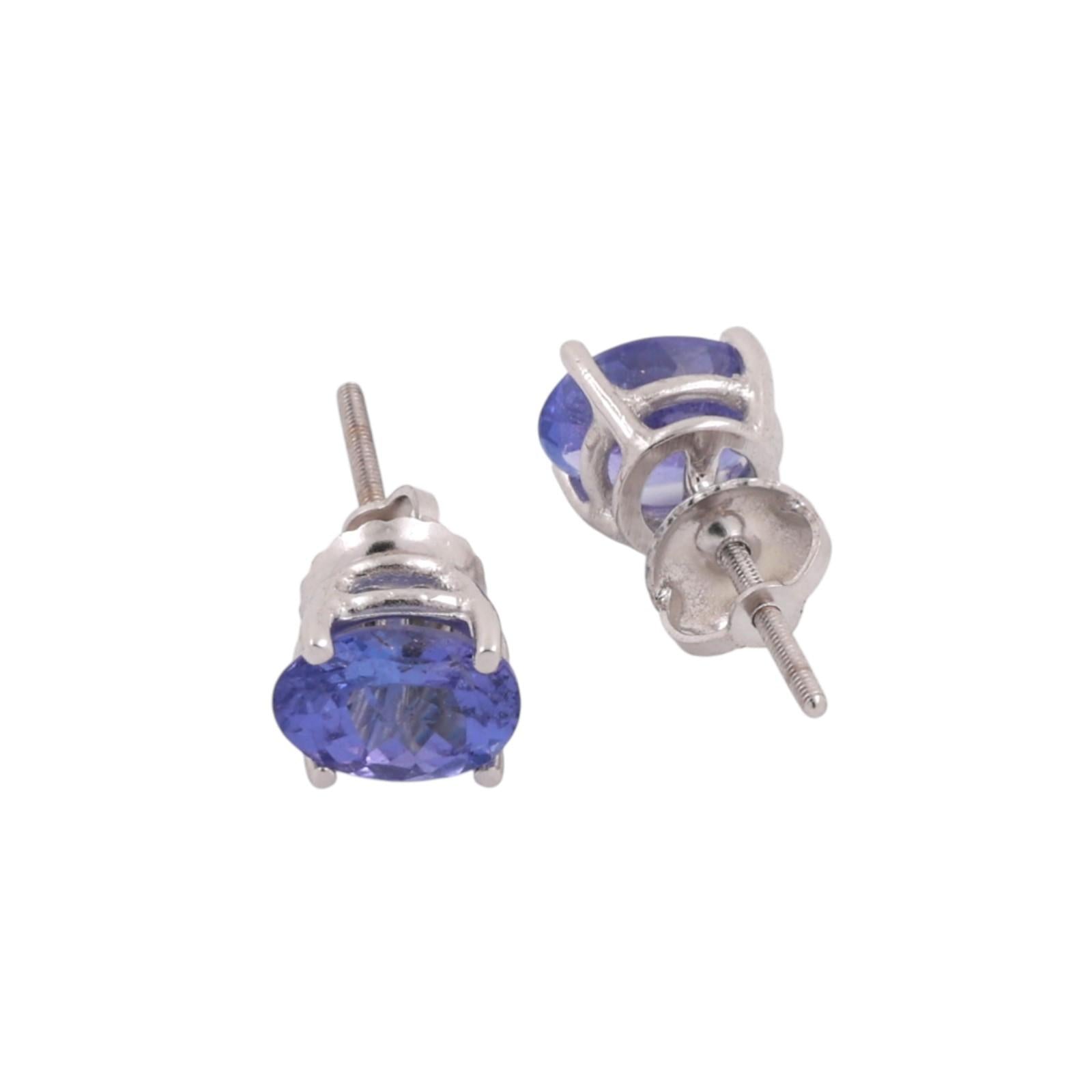 Oval Tanzanite Gemstone Stud Earrings 14K White Gold 1.70 CTW Ladies Estate