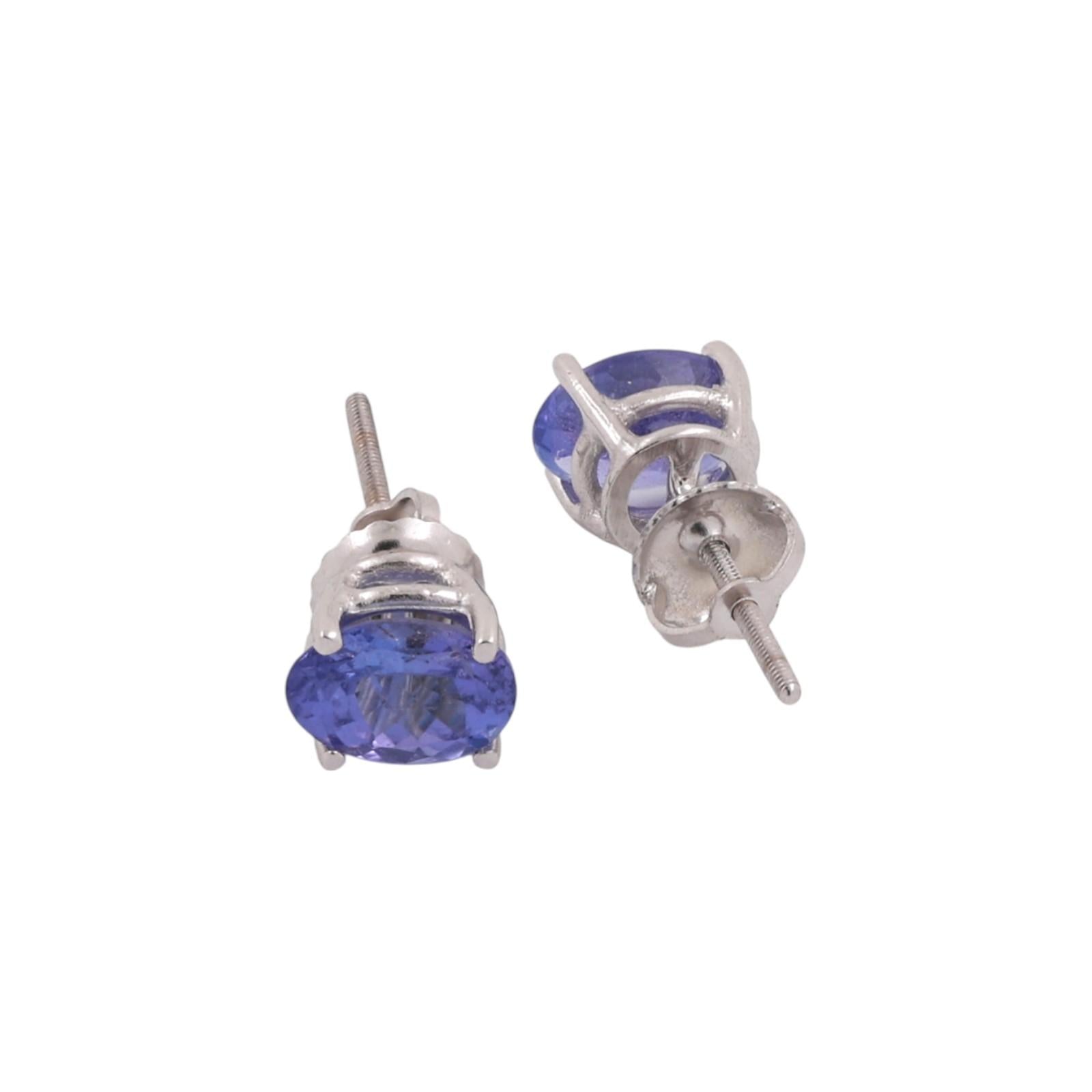 Oval Tanzanite Gemstone Stud Earrings 14K White Gold 1.70 CTW Ladies Estate