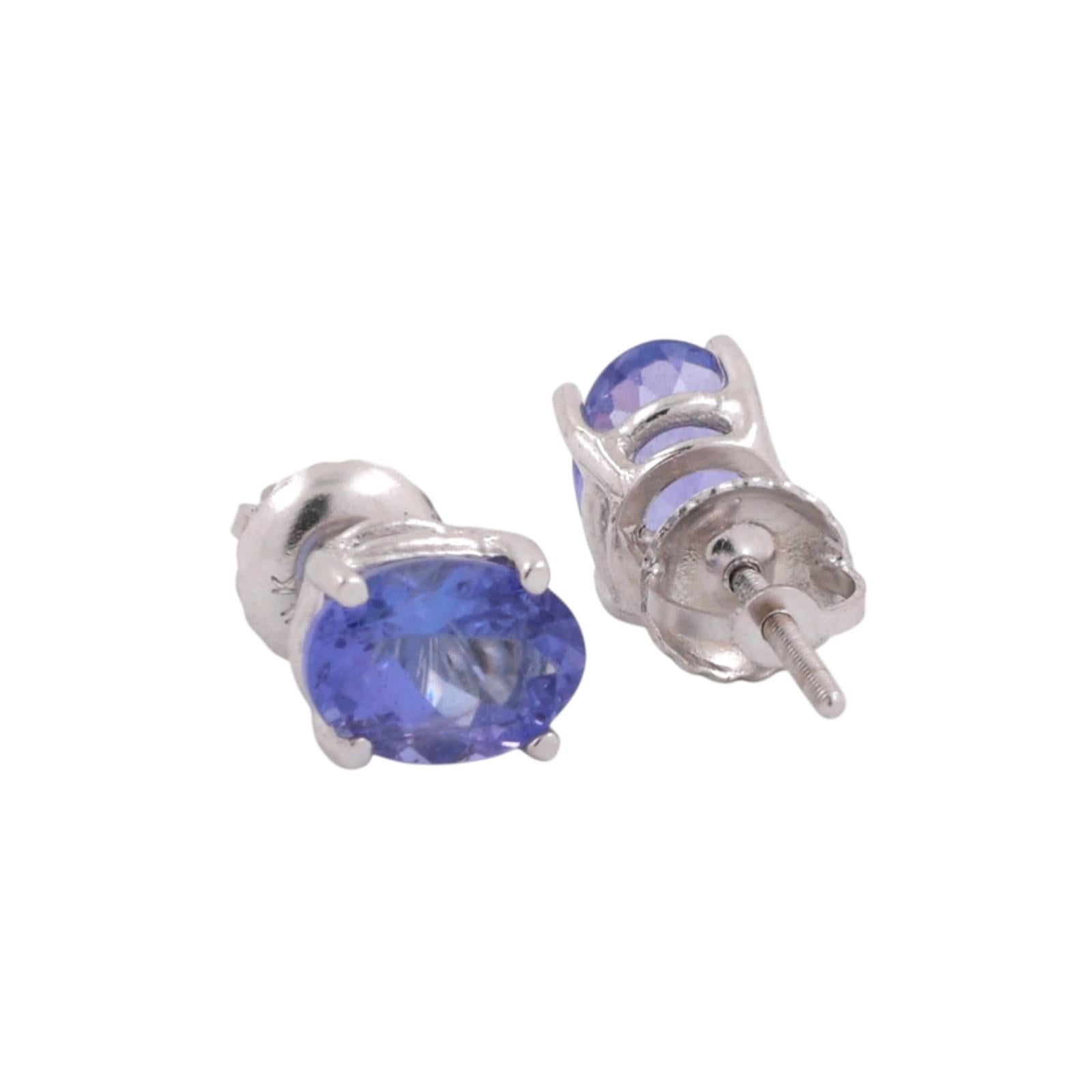 Oval Tanzanite Gemstone Stud Earrings 14K White Gold 1.70 CTW Ladies Estate