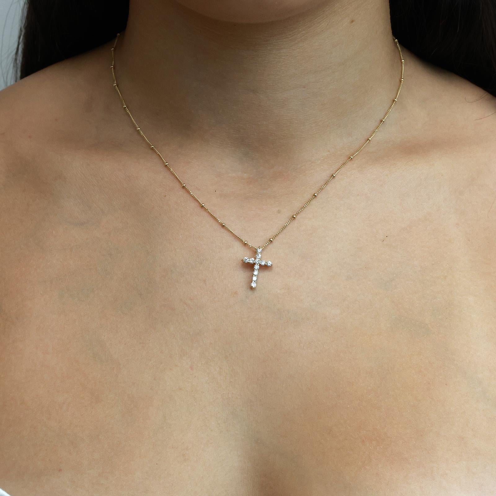 Religious Diamond Cross Pendant Chain Necklace 14K Yellow Gold 0.42 TW 17"