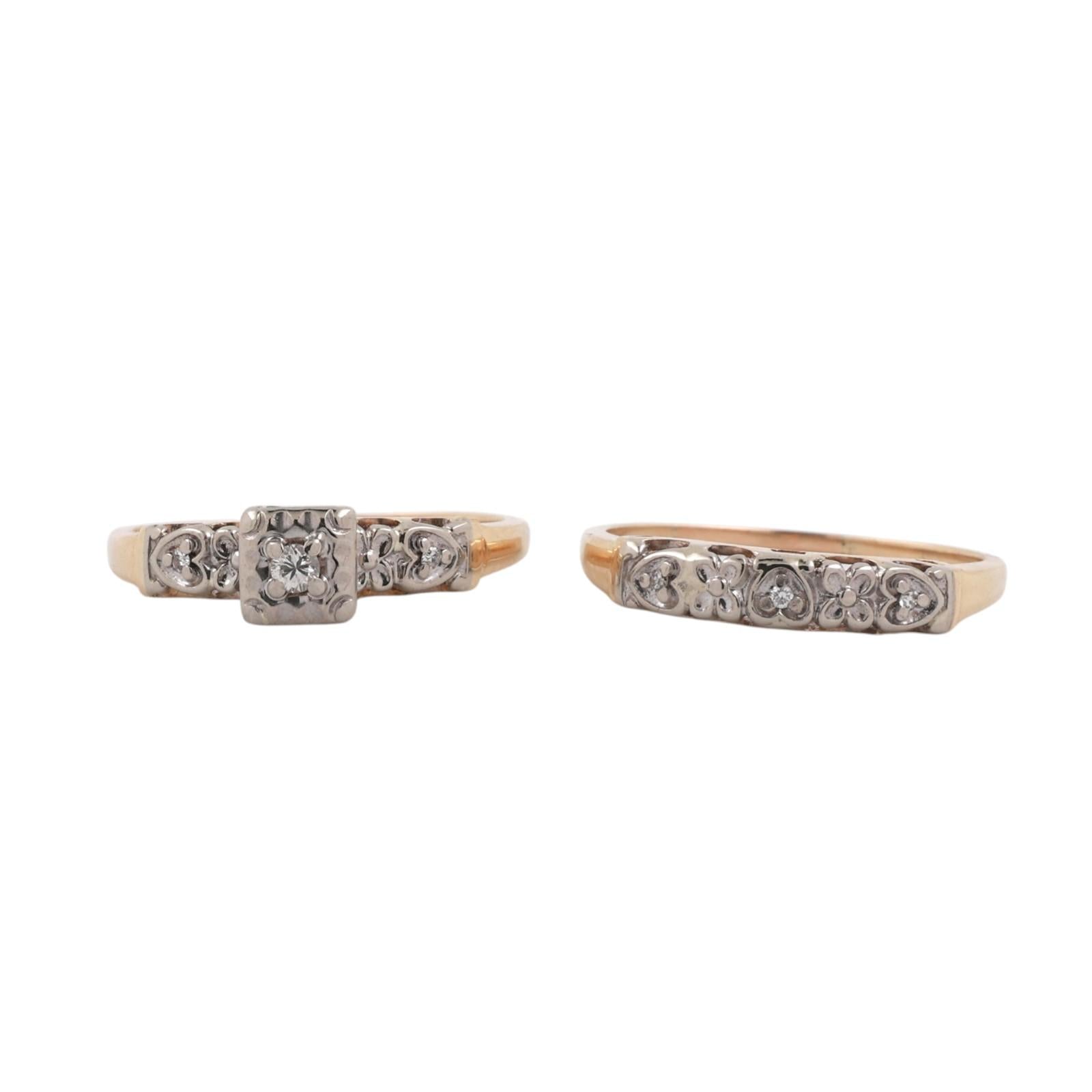 Vintage Diamond Wedding Ring Set With Accents 0.10 TW Two-Tone Gold Size 6.75-7