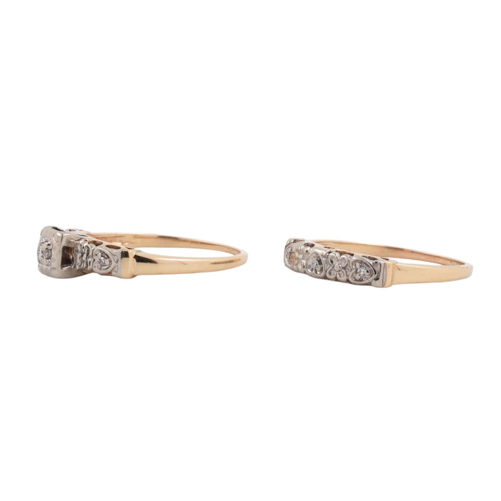 Vintage Diamond Wedding Ring Set With Accents 0.10 TW Two-Tone Gold Size 6.75-7