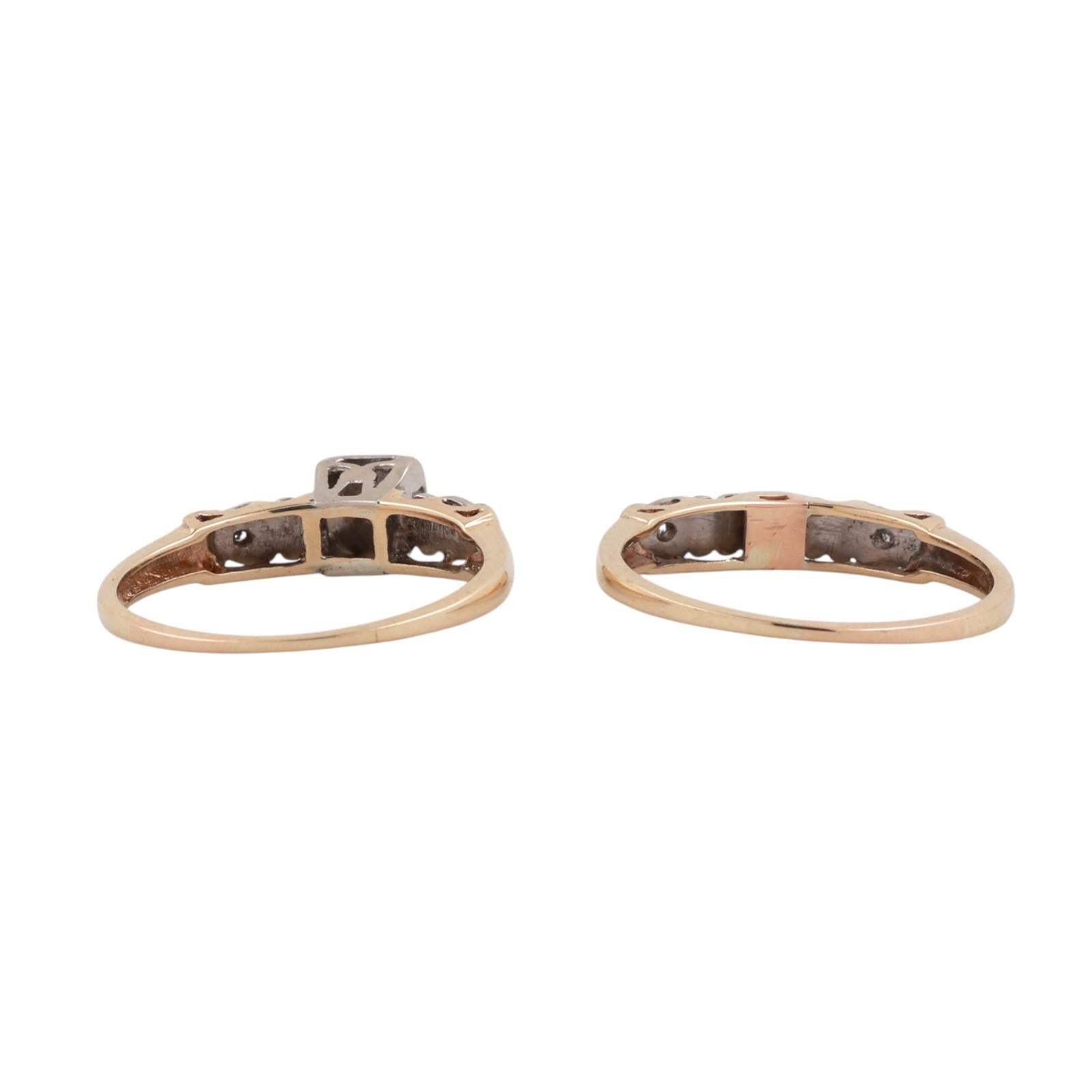 Vintage Diamond Wedding Ring Set With Accents 0.10 TW Two-Tone Gold Size 6.75-7