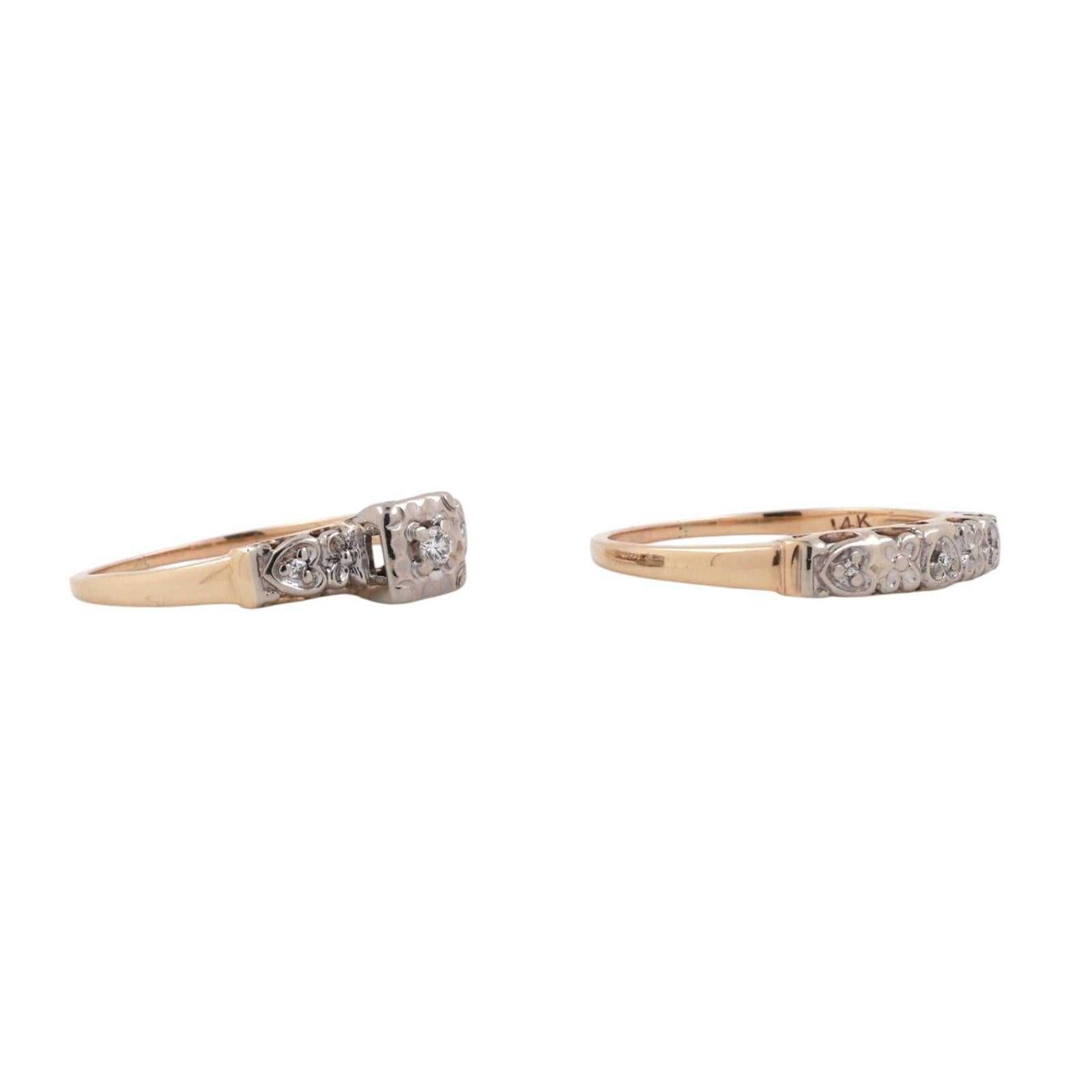 Vintage Diamond Wedding Ring Set With Accents 0.10 TW Two-Tone Gold Size 6.75-7