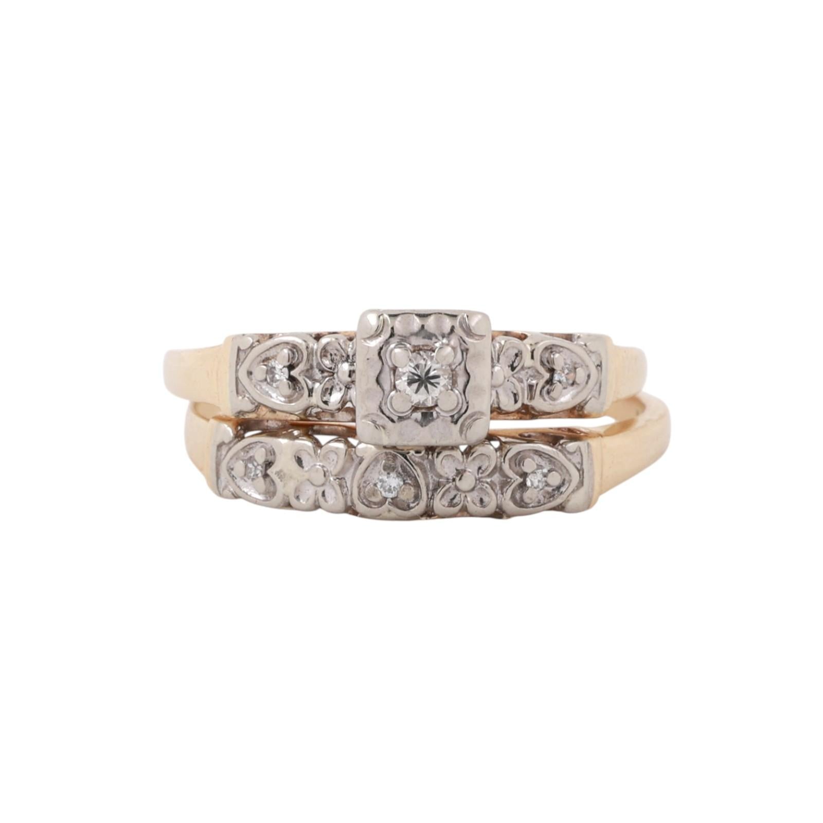 Vintage Diamond Wedding Ring Set With Accents 0.10 TW Two-Tone Gold Size 6.75-7