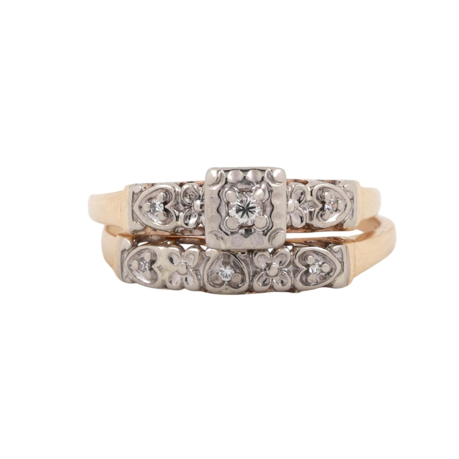 Vintage Diamond Wedding Ring Set With Accents 0.10 TW Two-Tone Gold Size 6.75-7