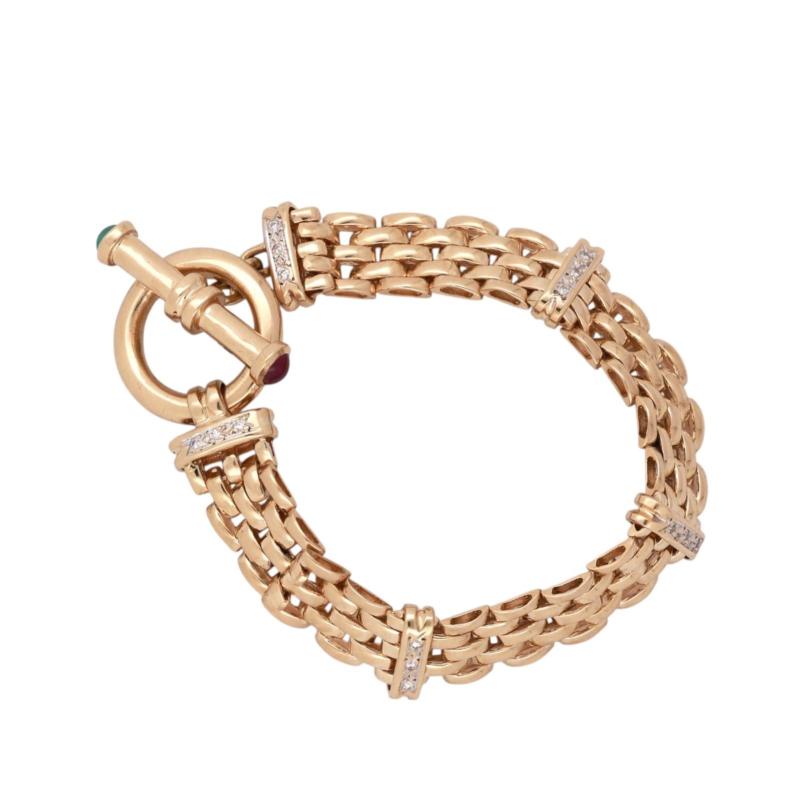Panther Chain Link Bracelet Diamond Ruby Emerald Accents 0.63 CTW 14K Gold 7.75"