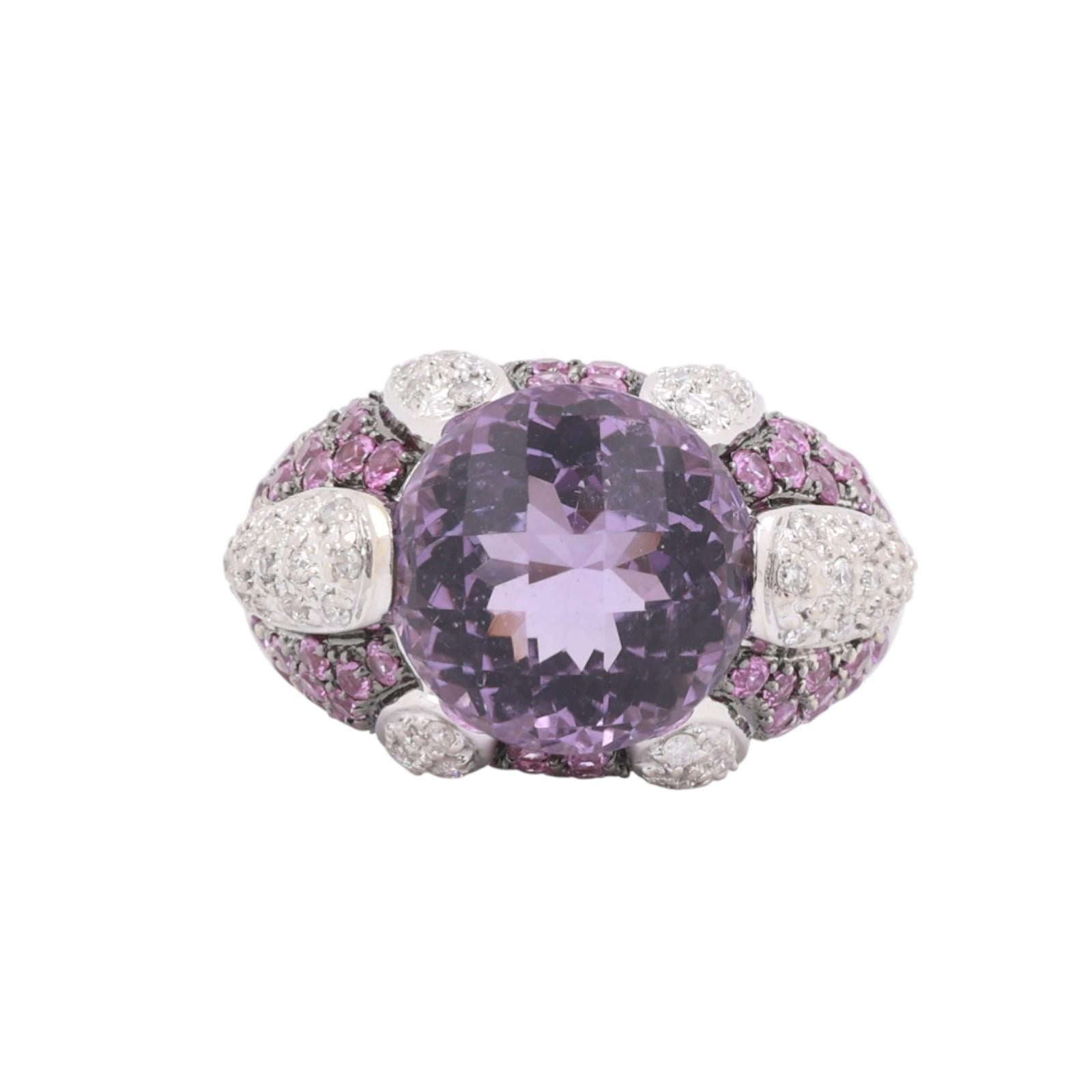 Pink Sapphire Amethyst Diamond Statement Ring 14K White Gold 8.57 CTW Size 7
