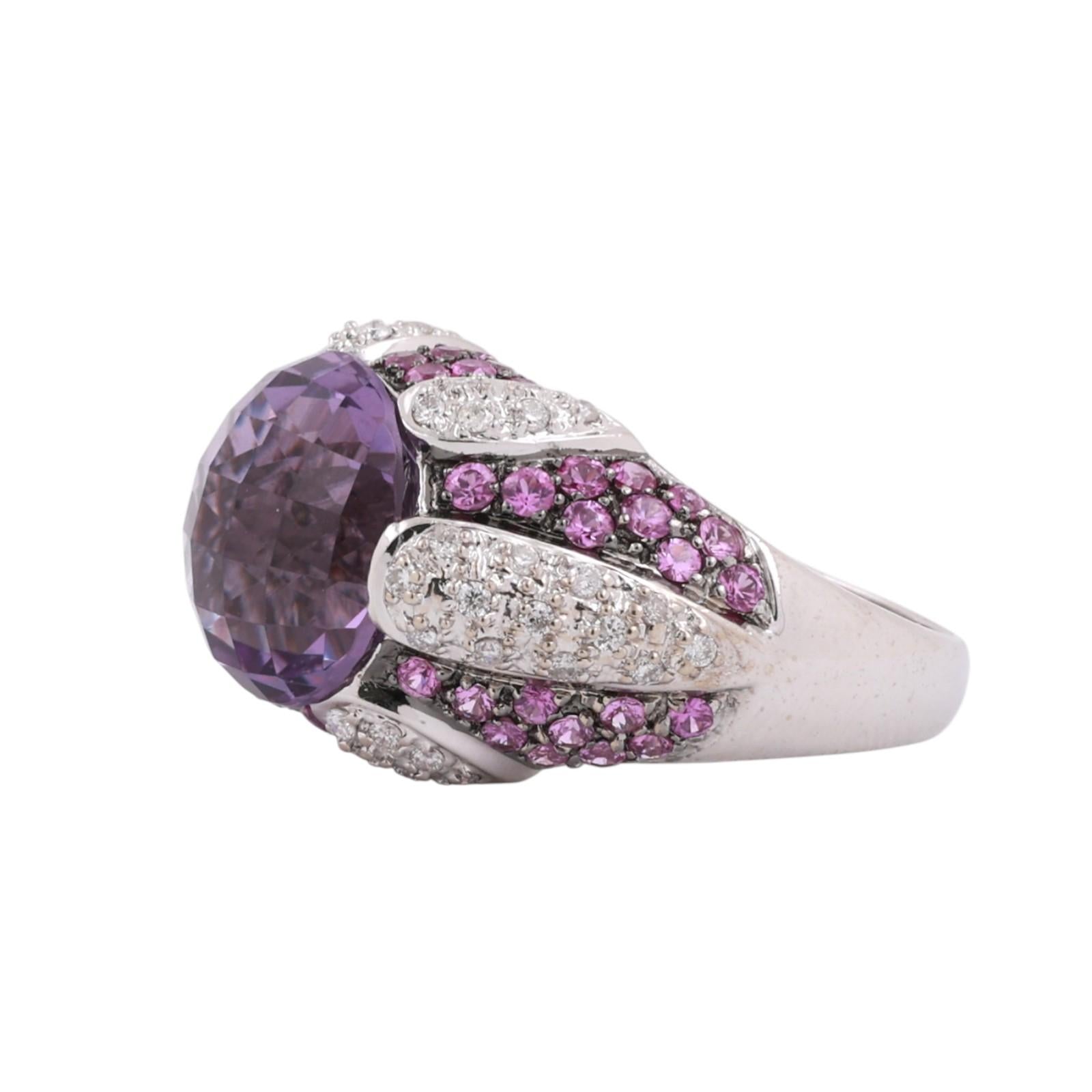 Pink Sapphire Amethyst Diamond Statement Ring 14K White Gold 8.57 CTW Size 7