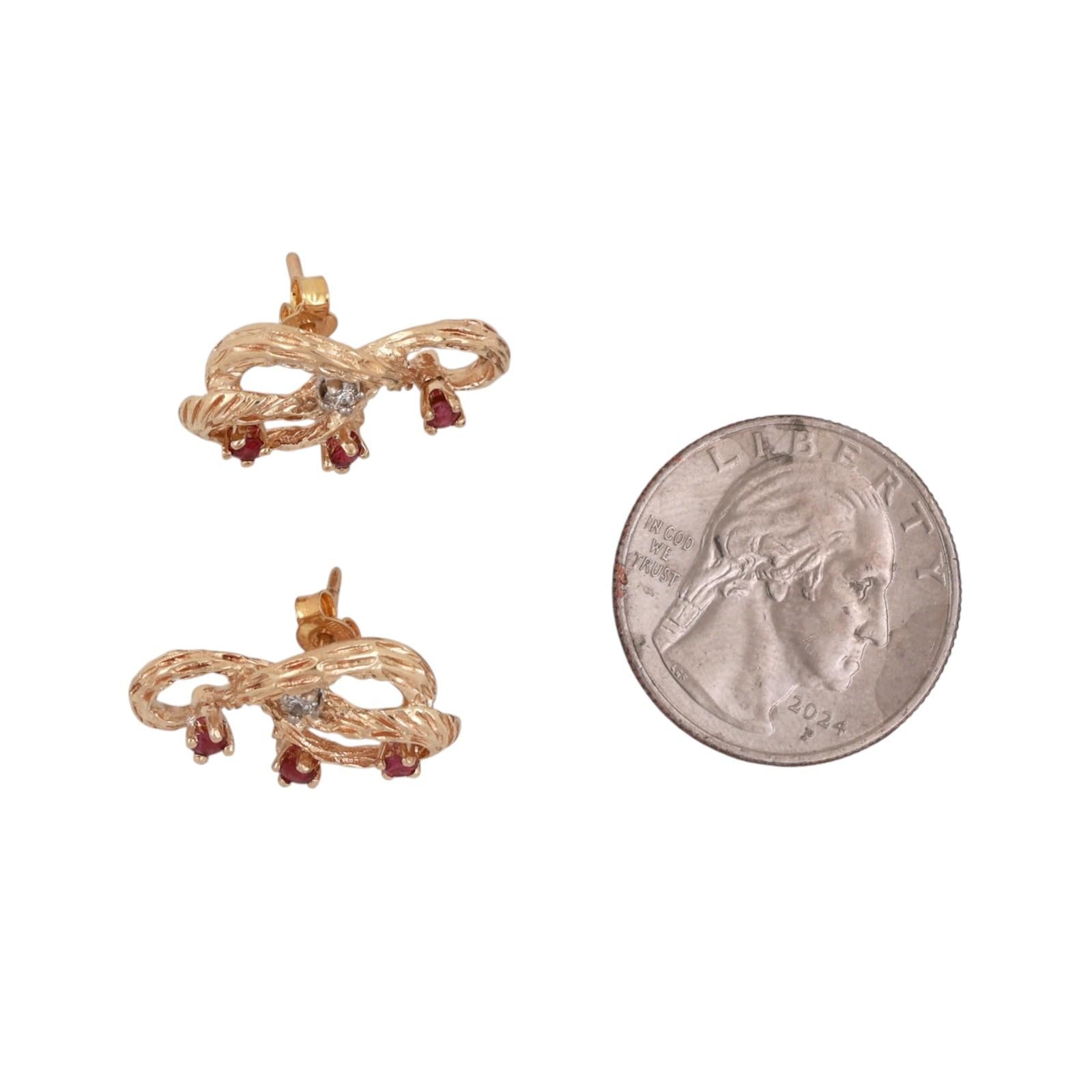 Ruby Diamond Swirl Drop Earrings 14K Textured Gold 0.58 CTW 0.50" Ladies Estate