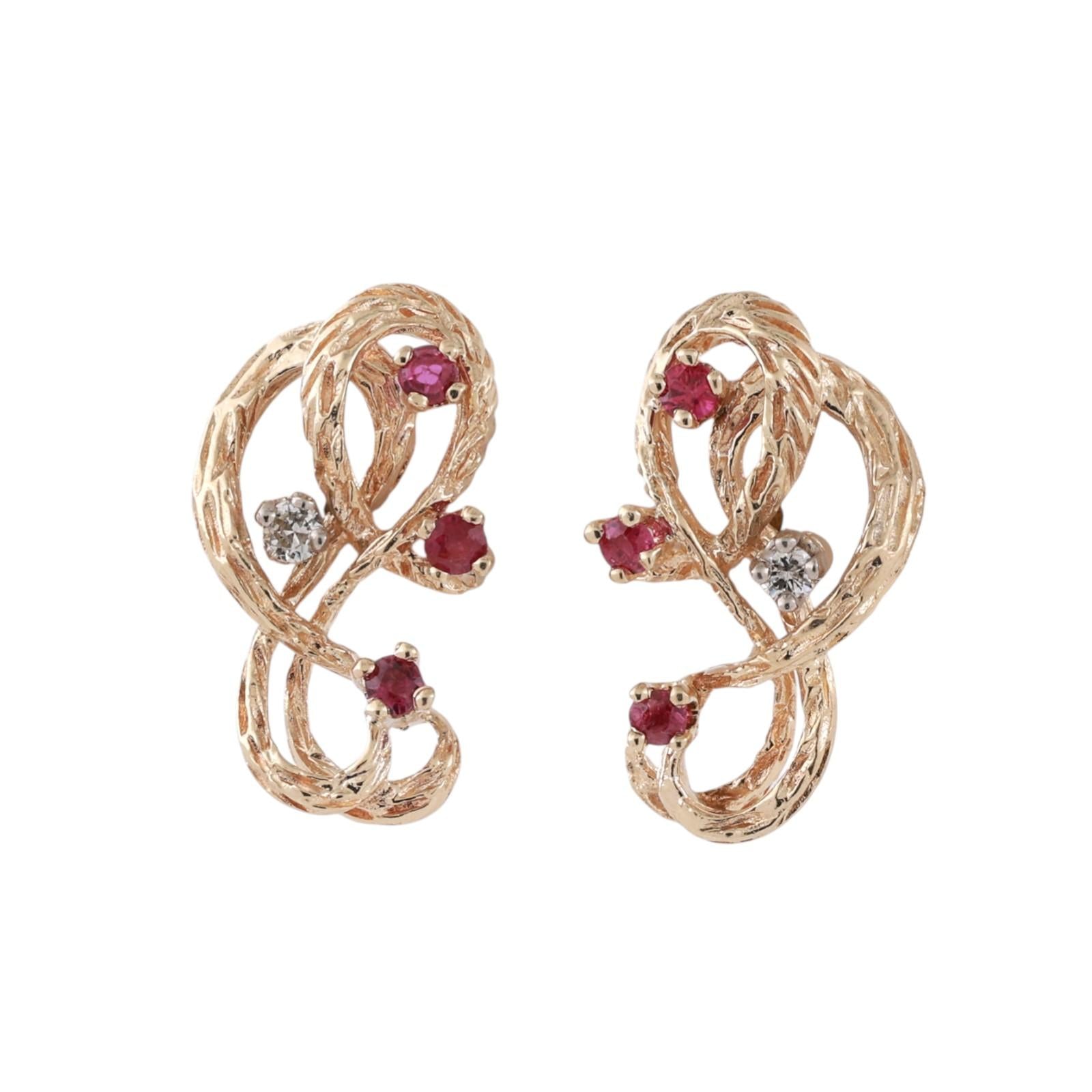 Ruby Diamond Swirl Drop Earrings 14K Textured Gold 0.58 CTW 0.50" Ladies Estate
