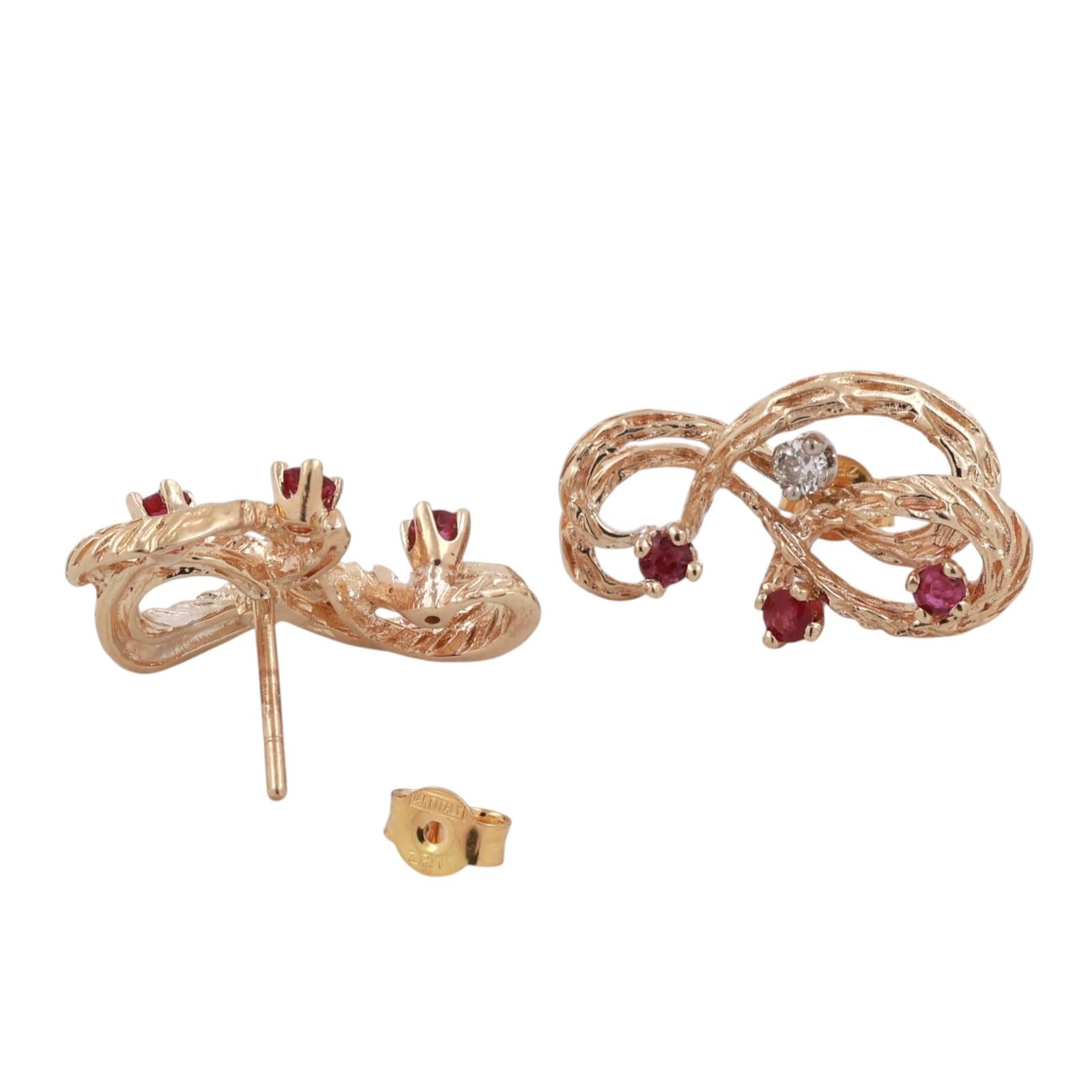 Ruby Diamond Swirl Drop Earrings 14K Textured Gold 0.58 CTW 0.50" Ladies Estate