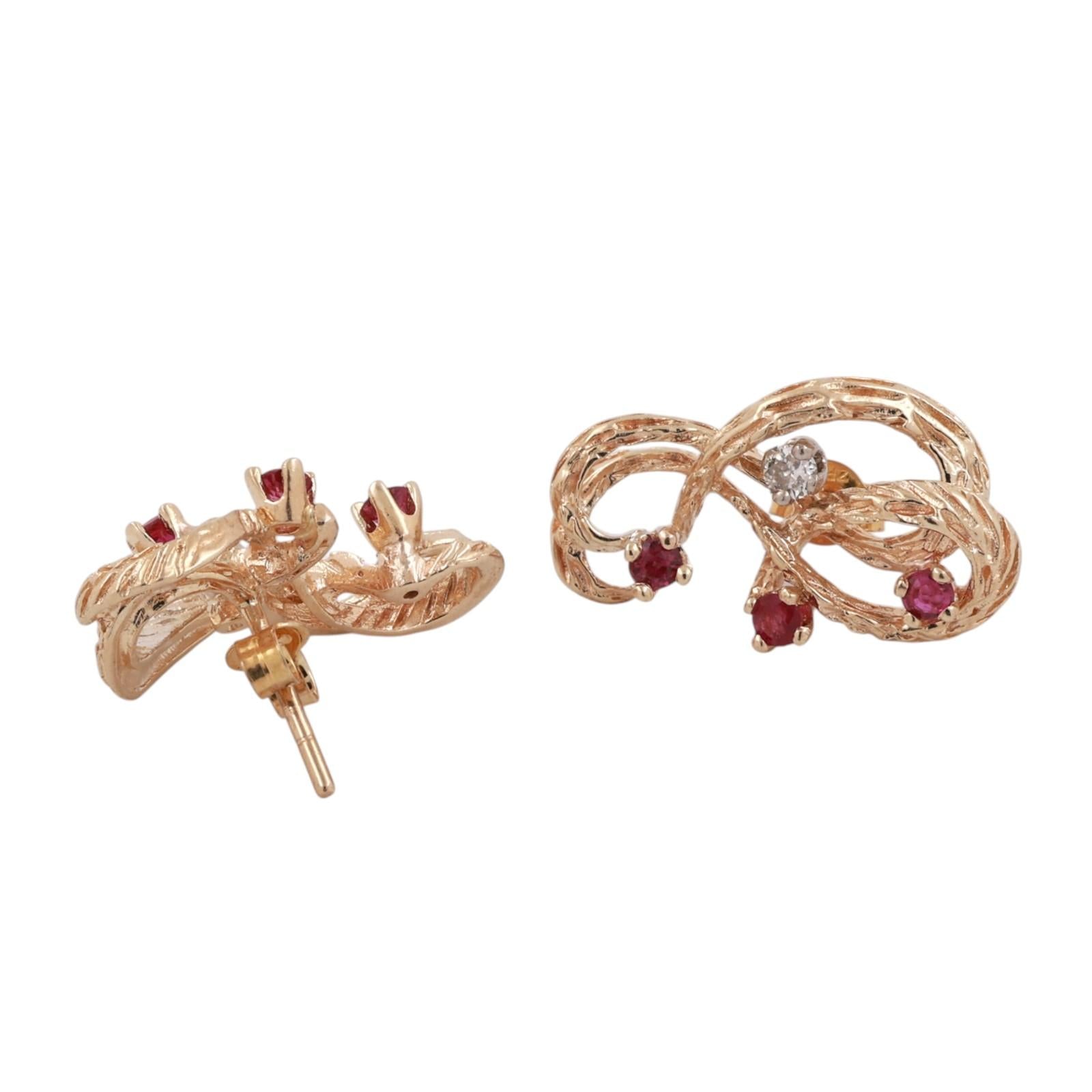 Ruby Diamond Swirl Drop Earrings 14K Textured Gold 0.58 CTW 0.50" Ladies Estate