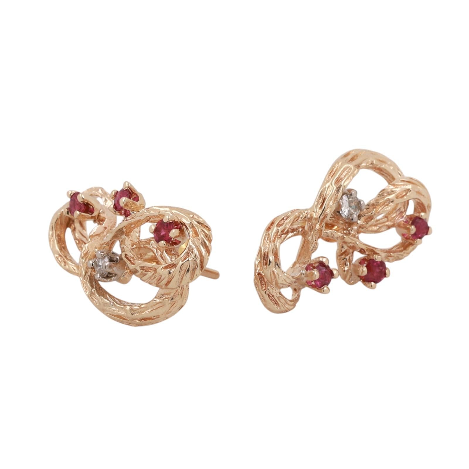 Ruby Diamond Swirl Drop Earrings 14K Textured Gold 0.58 CTW 0.50" Ladies Estate