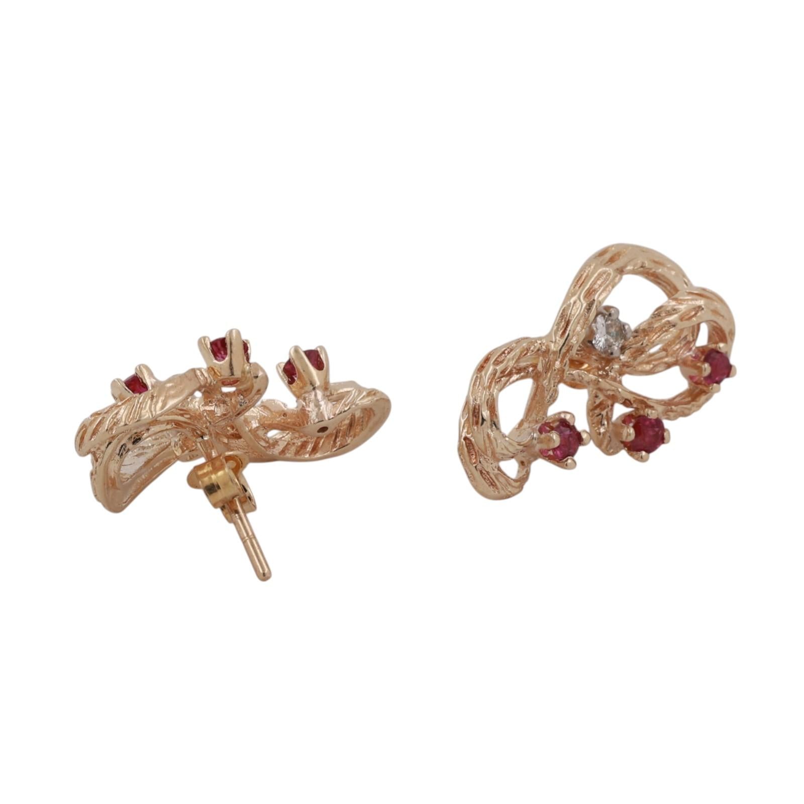 Ruby Diamond Swirl Drop Earrings 14K Textured Gold 0.58 CTW 0.50" Ladies Estate