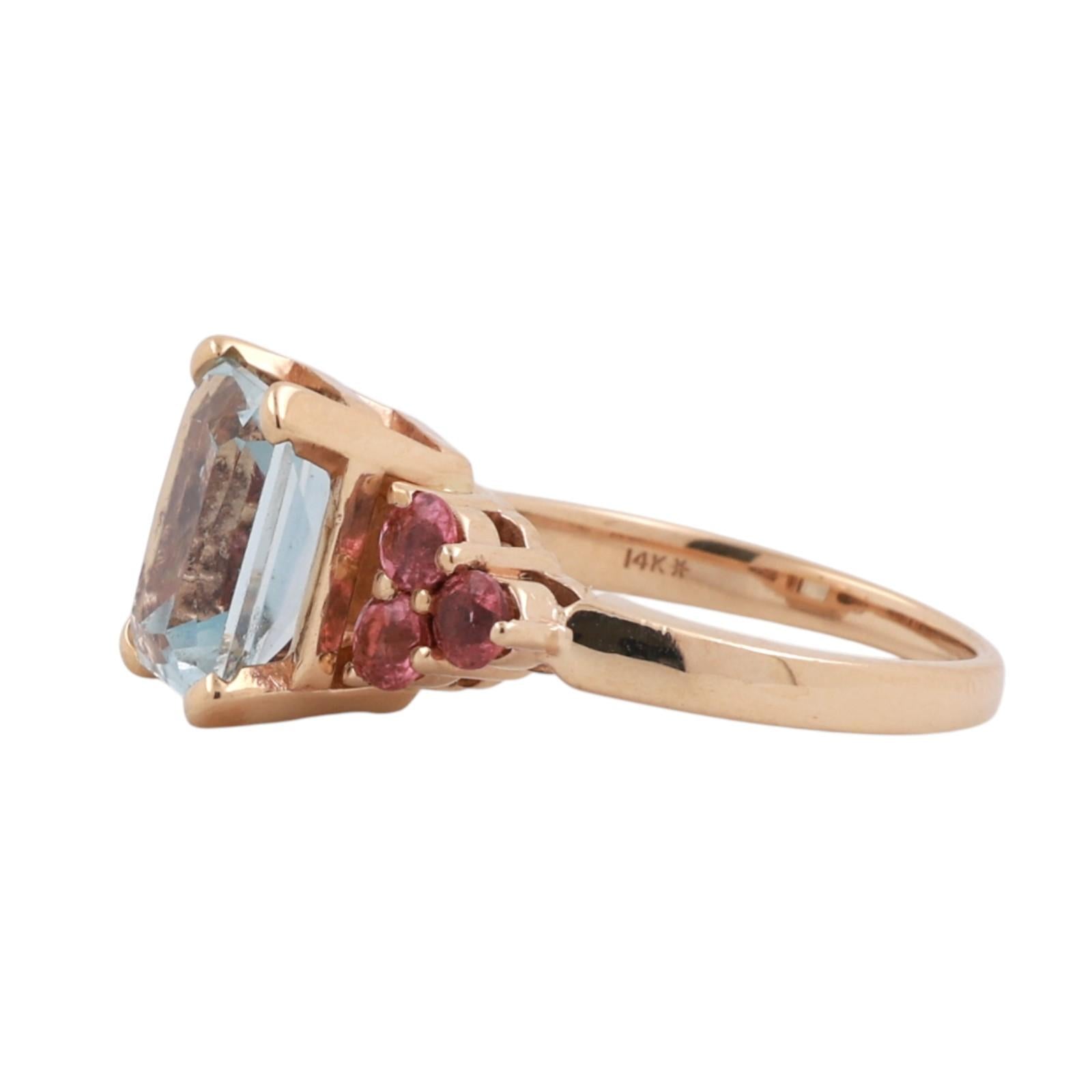 Aquamarine Pink Tourmaline Gemstone Statement Ring 14K Yellow Gold 3.72 CTW SZ 7