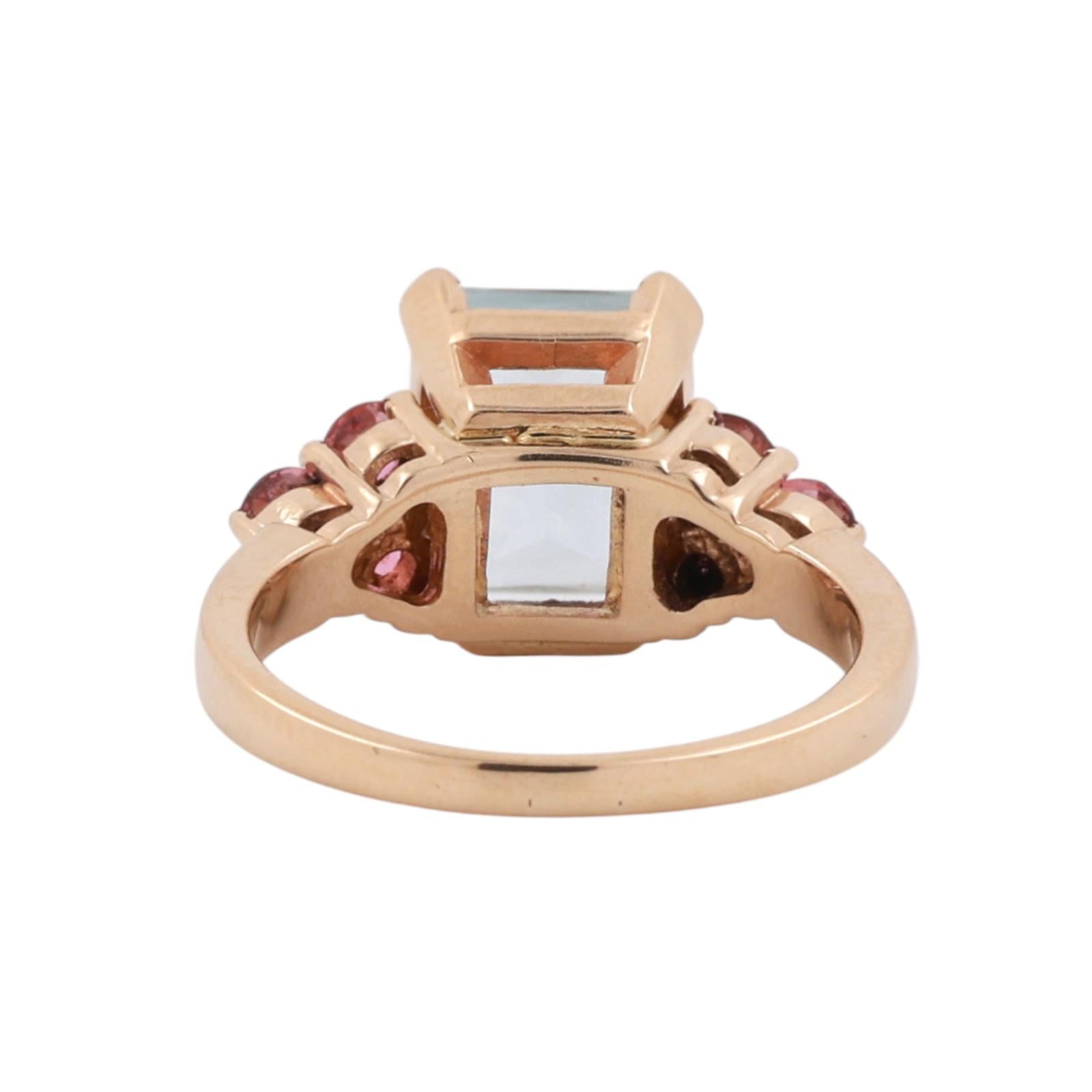 Aquamarine Pink Tourmaline Gemstone Statement Ring 14K Yellow Gold 3.72 CTW SZ 7