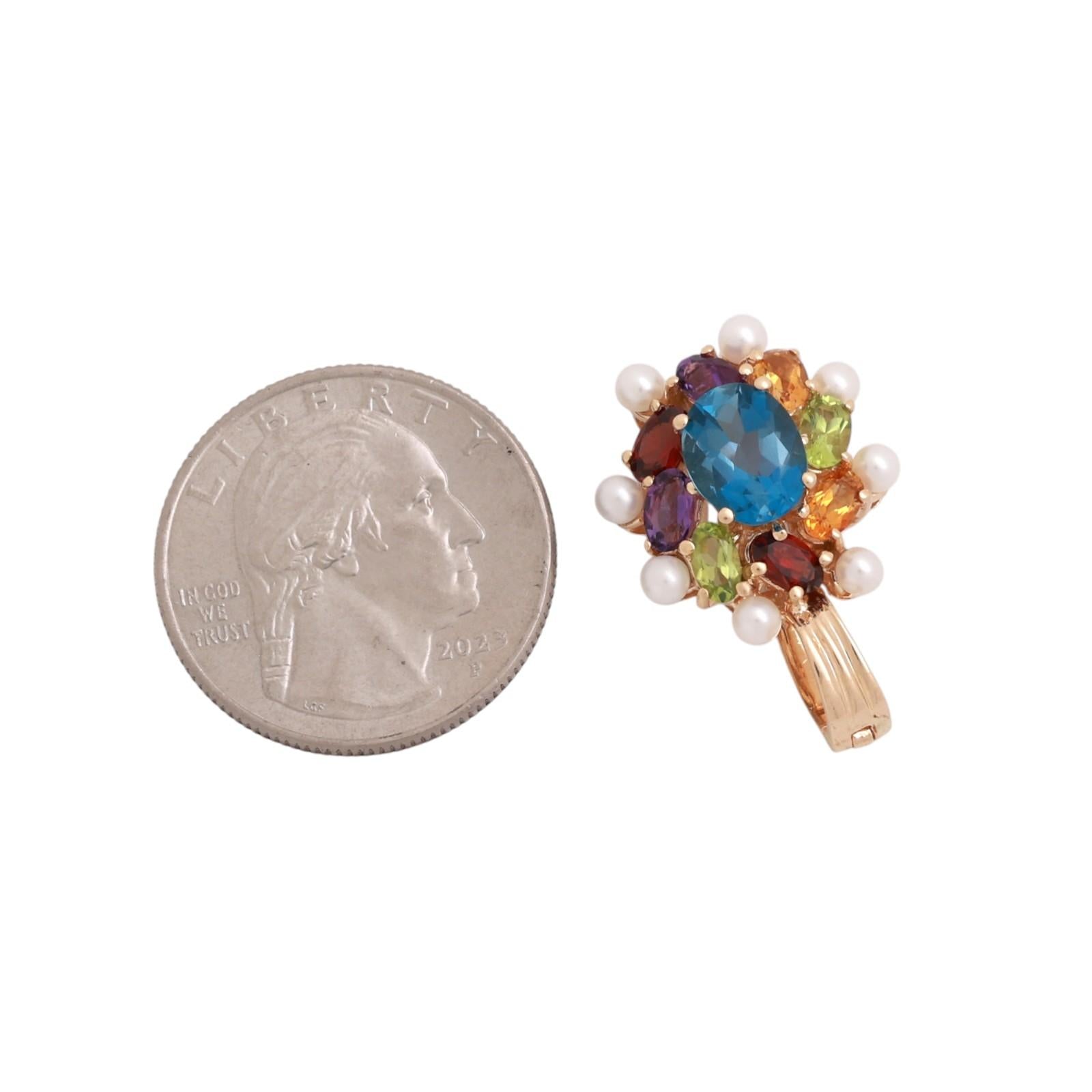 Multi Gemstone Pearl Floral Pendant Charm 14K Yellow Gold 4.23 CTW 1" Estate
