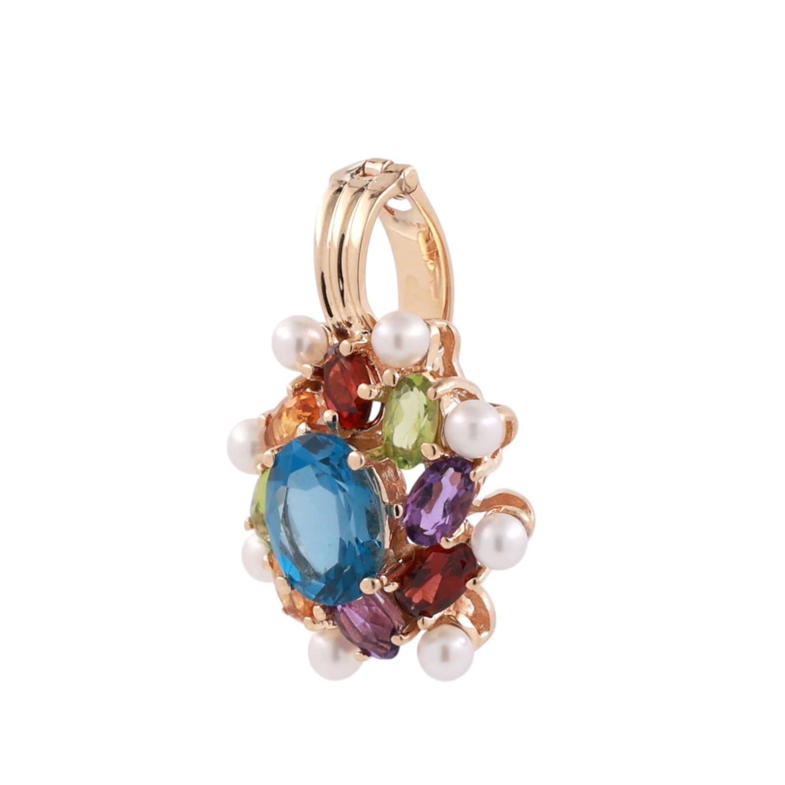 Multi Gemstone Pearl Floral Pendant Charm 14K Yellow Gold 4.23 CTW 1" Estate