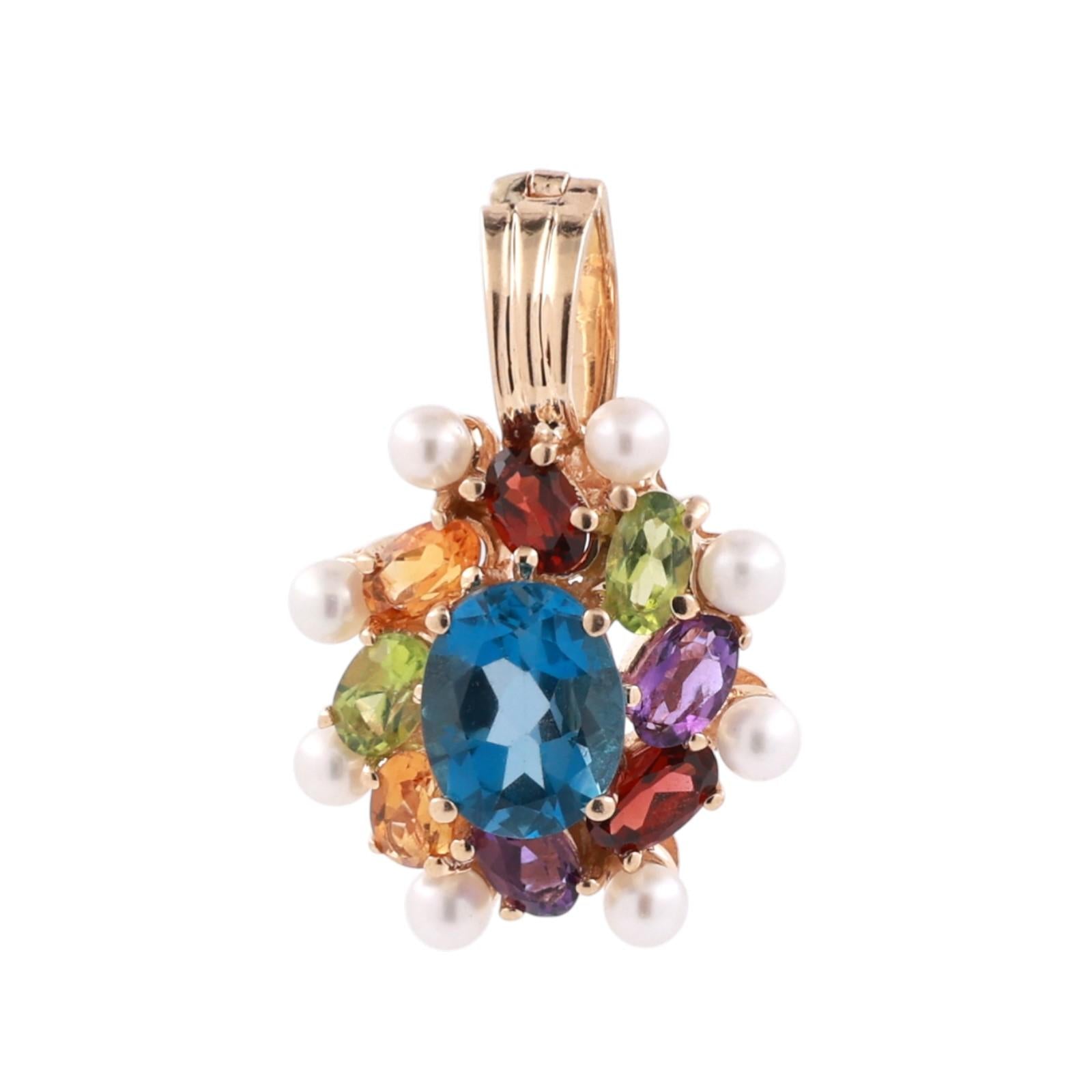 Multi Gemstone Pearl Floral Pendant Charm 14K Yellow Gold 4.23 CTW 1" Estate