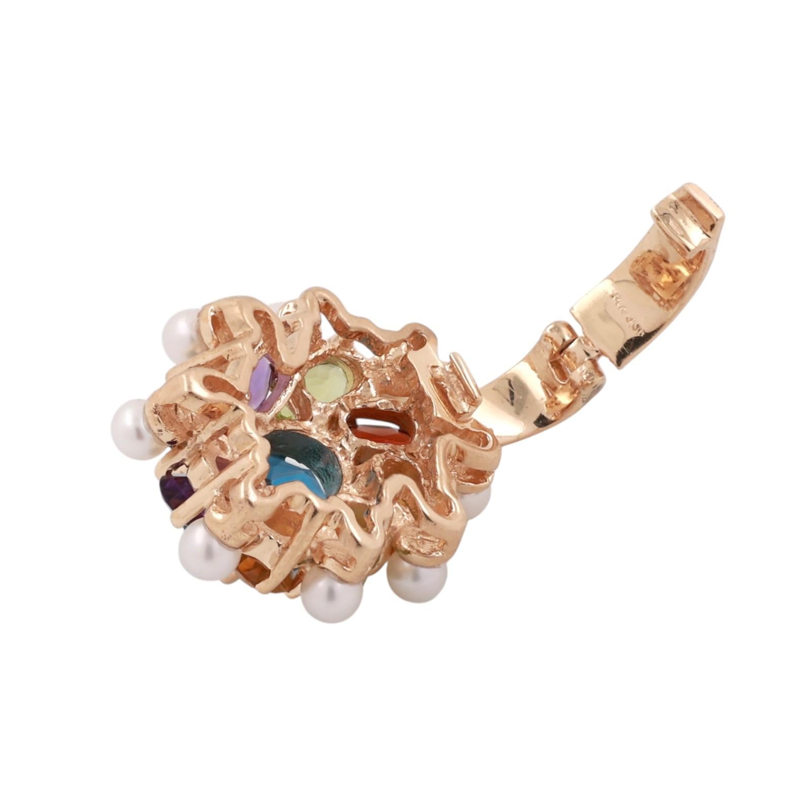 Multi Gemstone Pearl Floral Pendant Charm 14K Yellow Gold 4.23 CTW 1" Estate