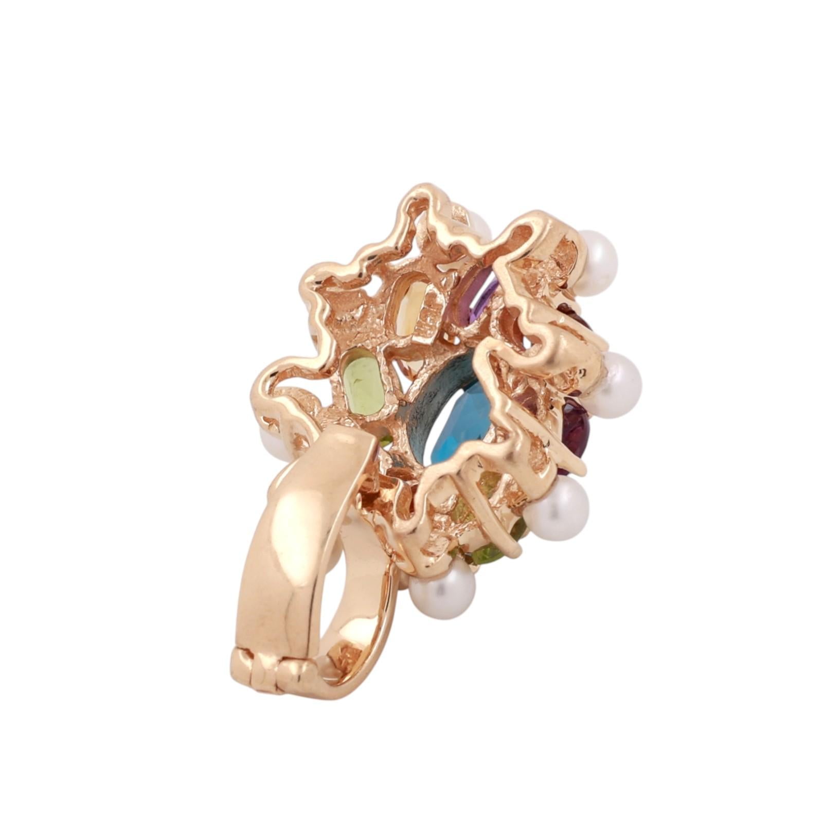 Multi Gemstone Pearl Floral Pendant Charm 14K Yellow Gold 4.23 CTW 1" Estate