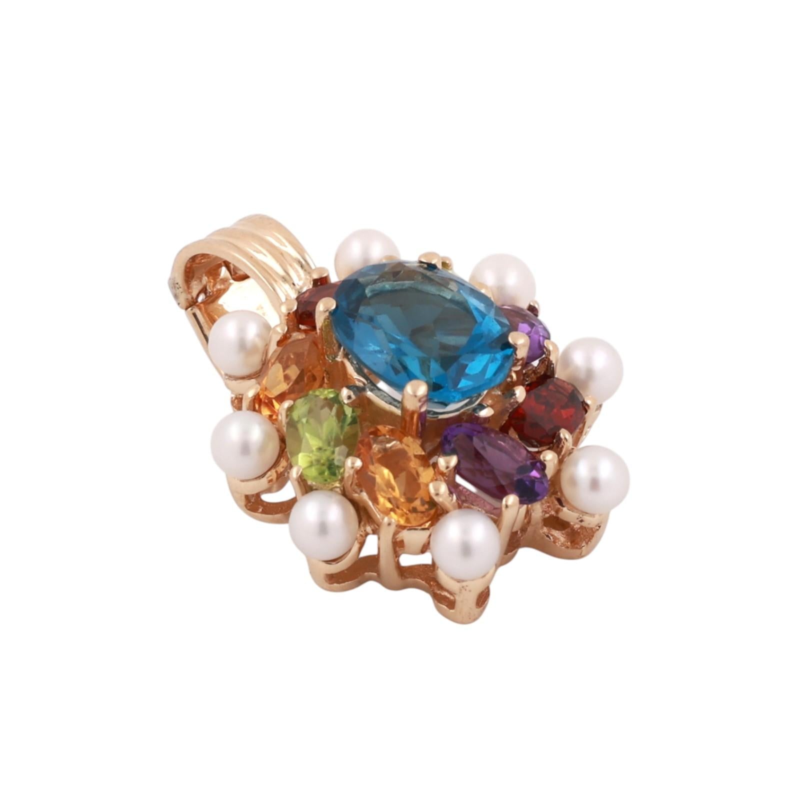 Multi Gemstone Pearl Floral Pendant Charm 14K Yellow Gold 4.23 CTW 1" Estate
