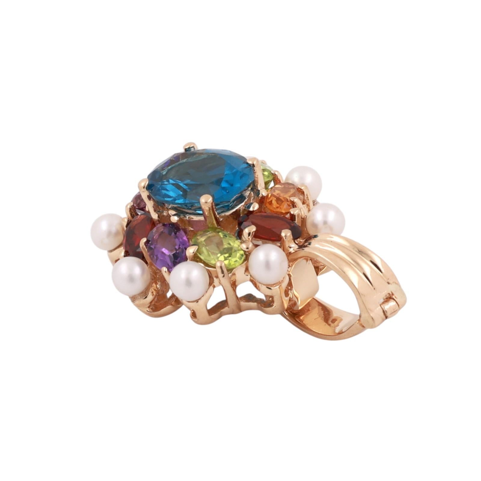 Multi Gemstone Pearl Floral Pendant Charm 14K Yellow Gold 4.23 CTW 1" Estate