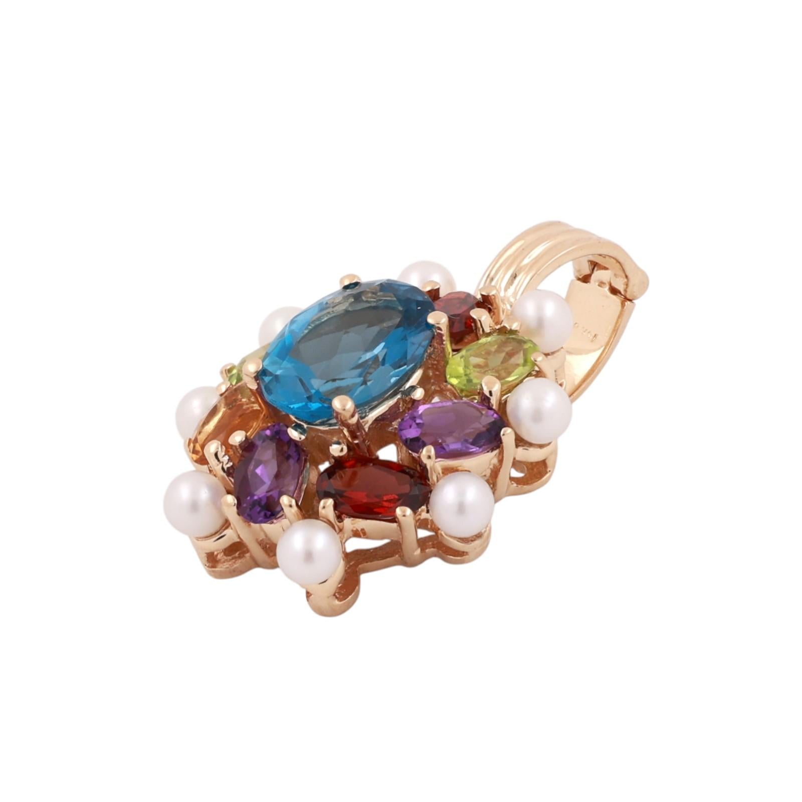 Multi Gemstone Pearl Floral Pendant Charm 14K Yellow Gold 4.23 CTW 1" Estate