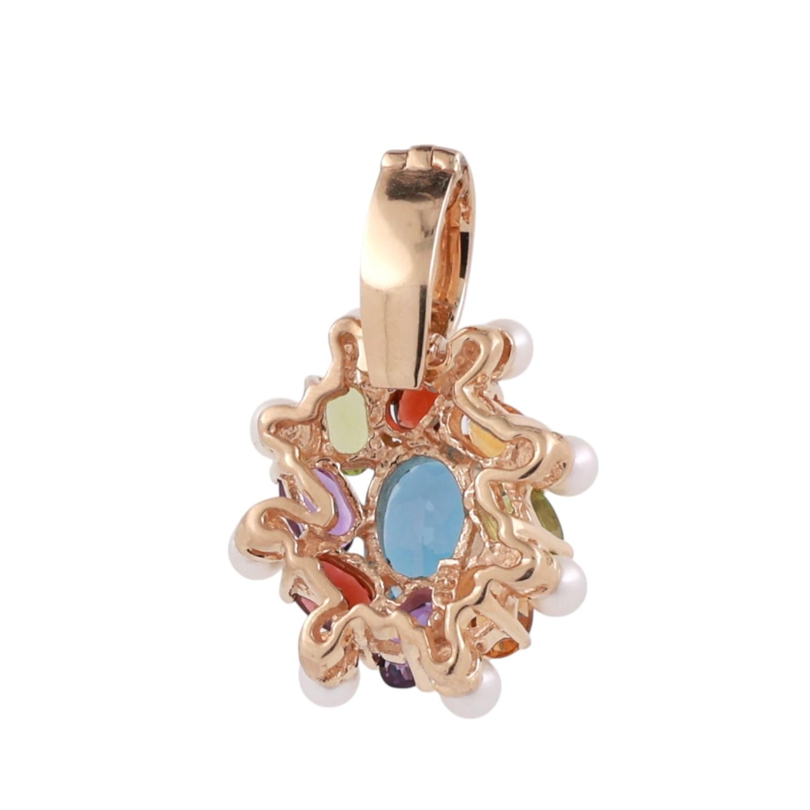 Multi Gemstone Pearl Floral Pendant Charm 14K Yellow Gold 4.23 CTW 1" Estate