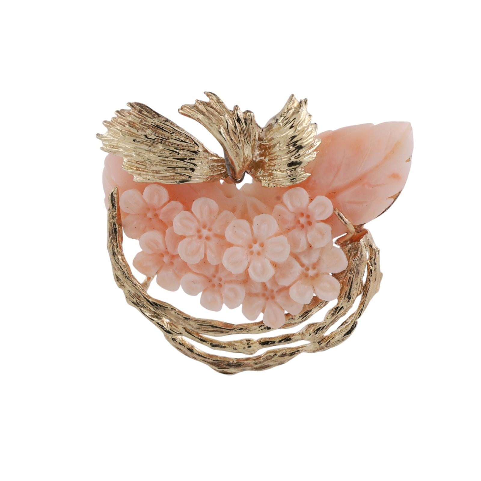 Vintage 14K Gold Angel Skin Coral Floral Carved Brooch Pin Estate 20.3g
