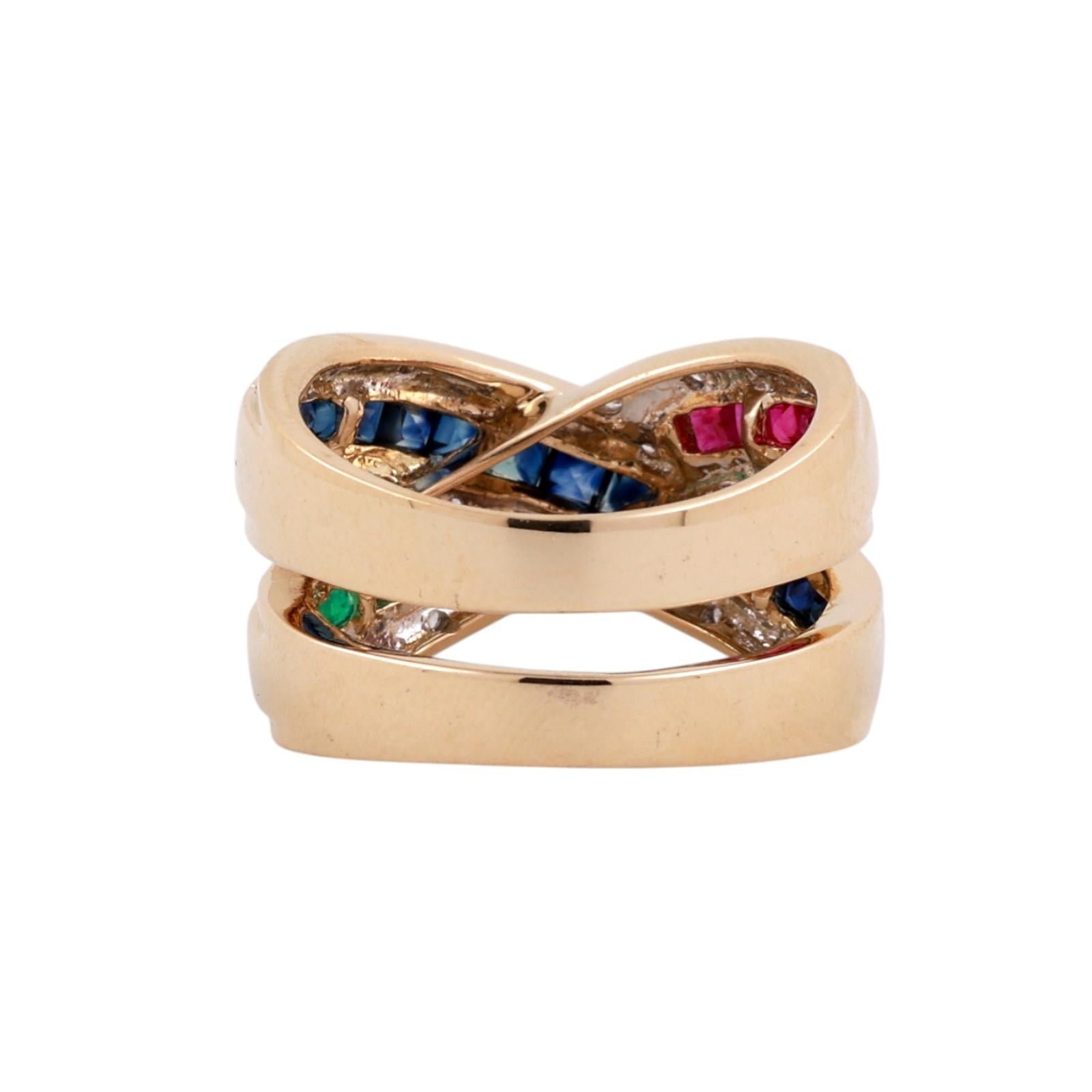 Sapphire Ruby Emerald Diamond Crossover Ring 14K Yellow Gold 1.75 CTW Size 7.75