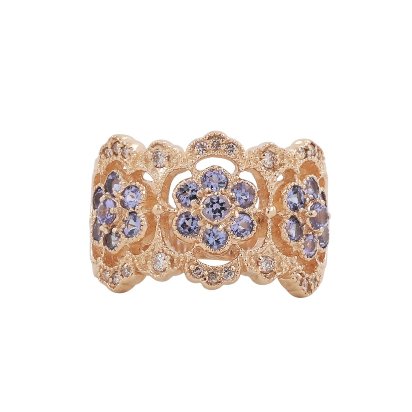 2.45 CTW Tanzanite Diamond Floral Wide Band Ring 14K Filigree Yellow Gold Size 8
