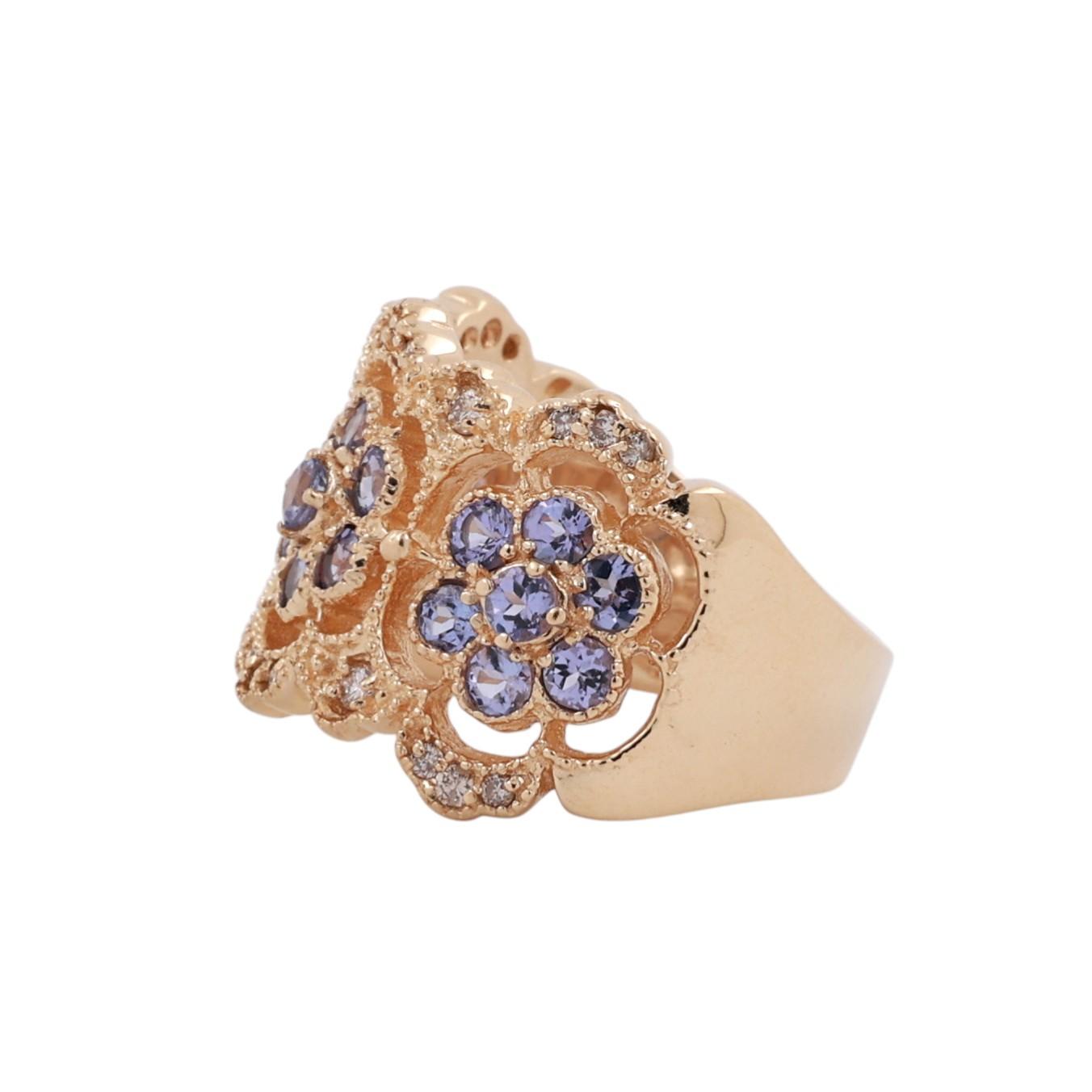 2.45 CTW Tanzanite Diamond Floral Wide Band Ring 14K Filigree Yellow Gold Size 8
