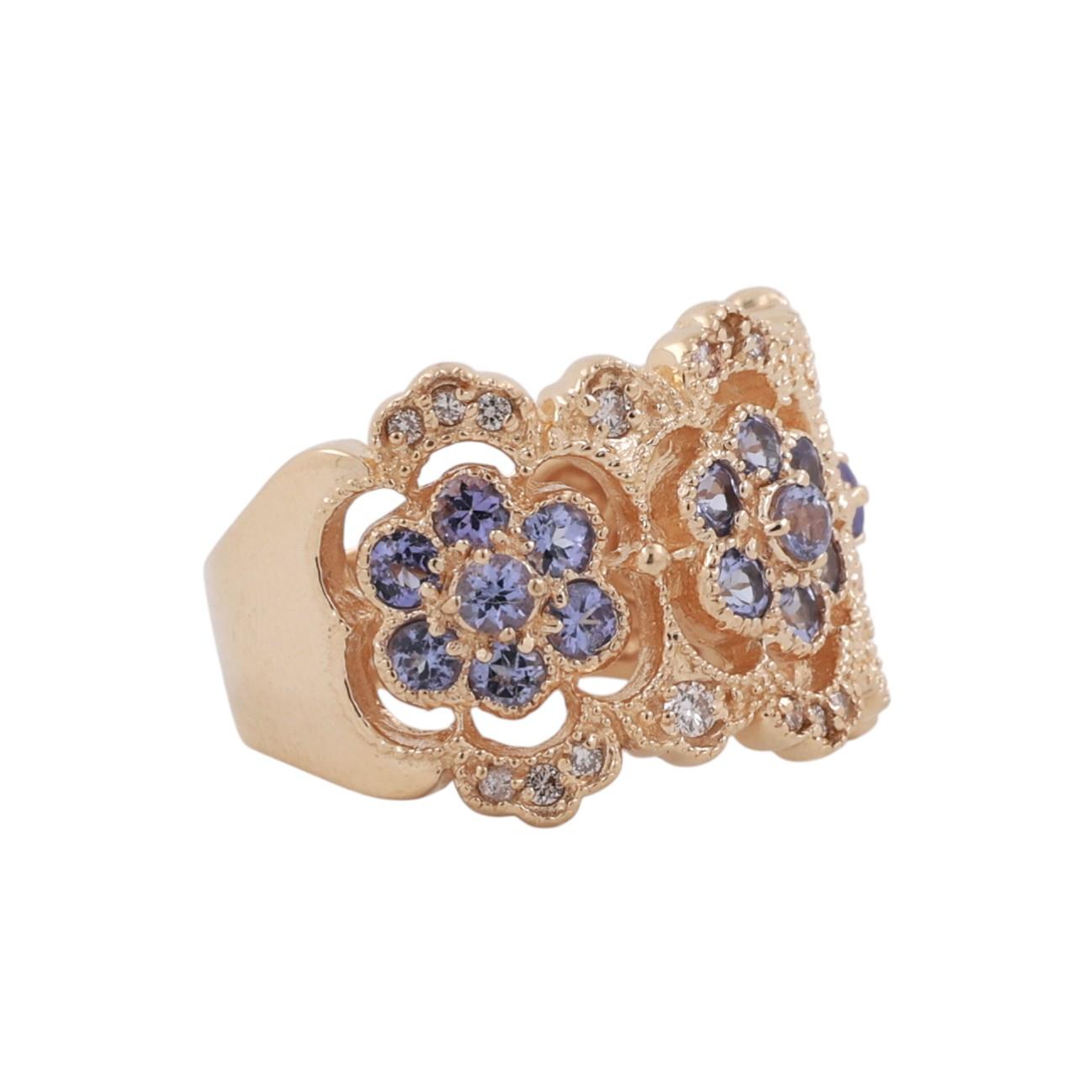 2.45 CTW Tanzanite Diamond Floral Wide Band Ring 14K Filigree Yellow Gold Size 8