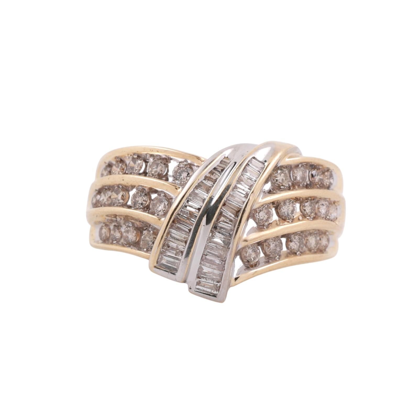 Diamond Swirl Cocktail Ring 14K Gold 1.35 TW Round Baguette Cut Size 8.25