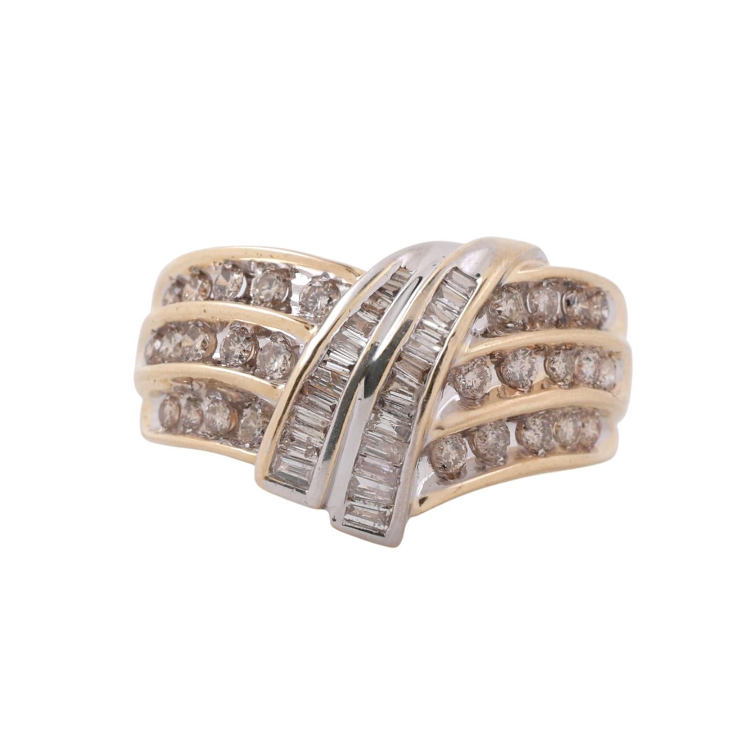 Diamond Swirl Cocktail Ring 14K Gold 1.35 TW Round Baguette Cut Size 8.25