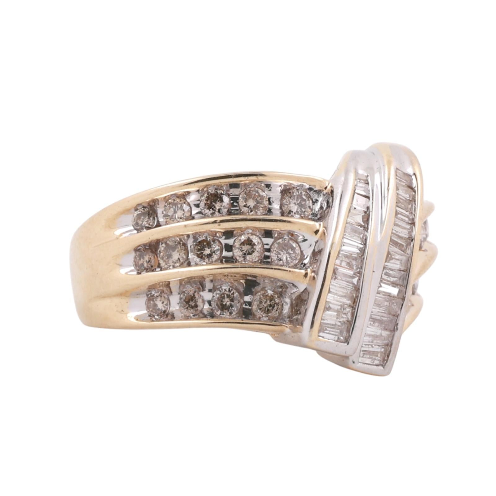 Diamond Swirl Cocktail Ring 14K Gold 1.35 TW Round Baguette Cut Size 8.25