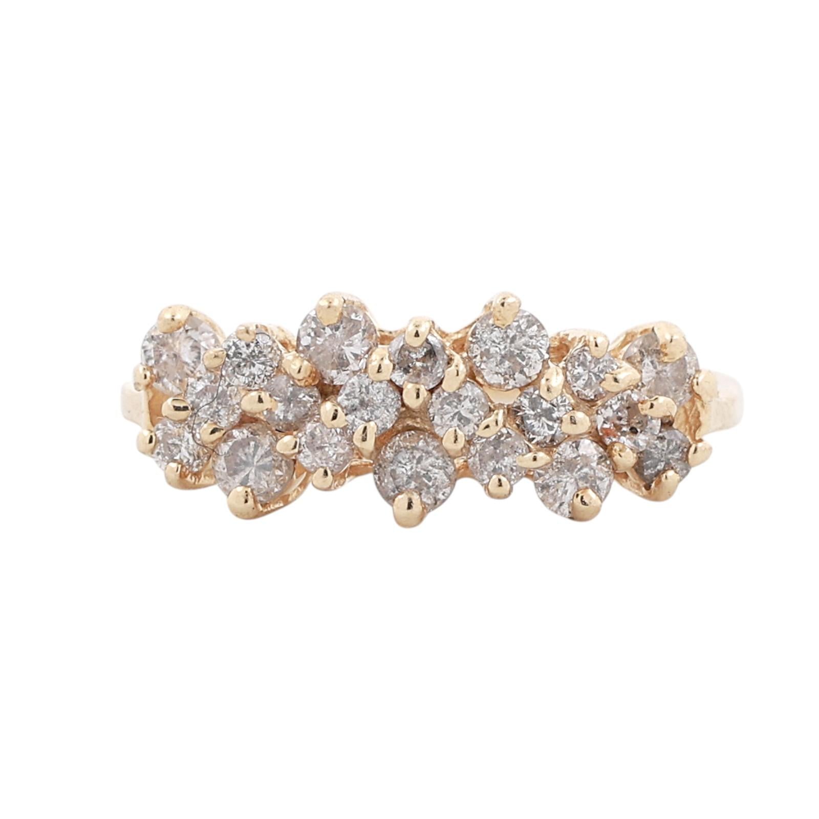 14K Yellow Gold 0.75ctw Diamond Double Row Cluster Band Ring Size 6.5