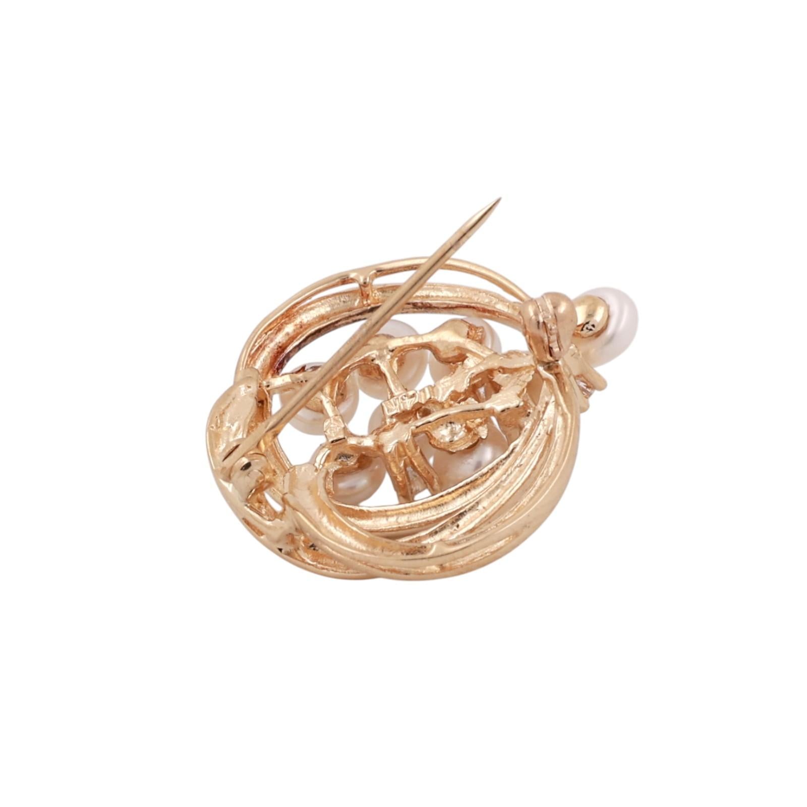 Vintage 14K Yellow Gold Diamond Pearl Brooch Pin 0.25CT TW Freshwater Pearl
