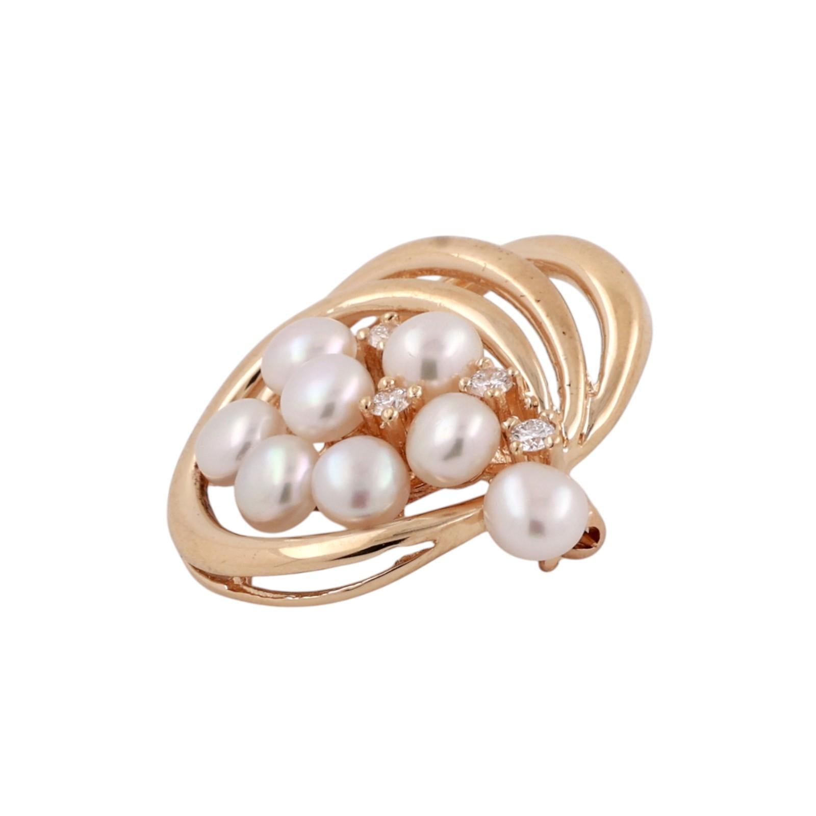 Vintage 14K Yellow Gold Diamond Pearl Brooch Pin 0.25CT TW Freshwater Pearl