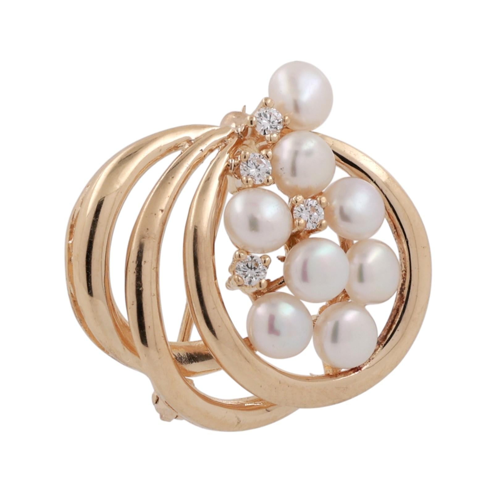 Vintage 14K Yellow Gold Diamond Pearl Brooch Pin 0.25CT TW Freshwater Pearl
