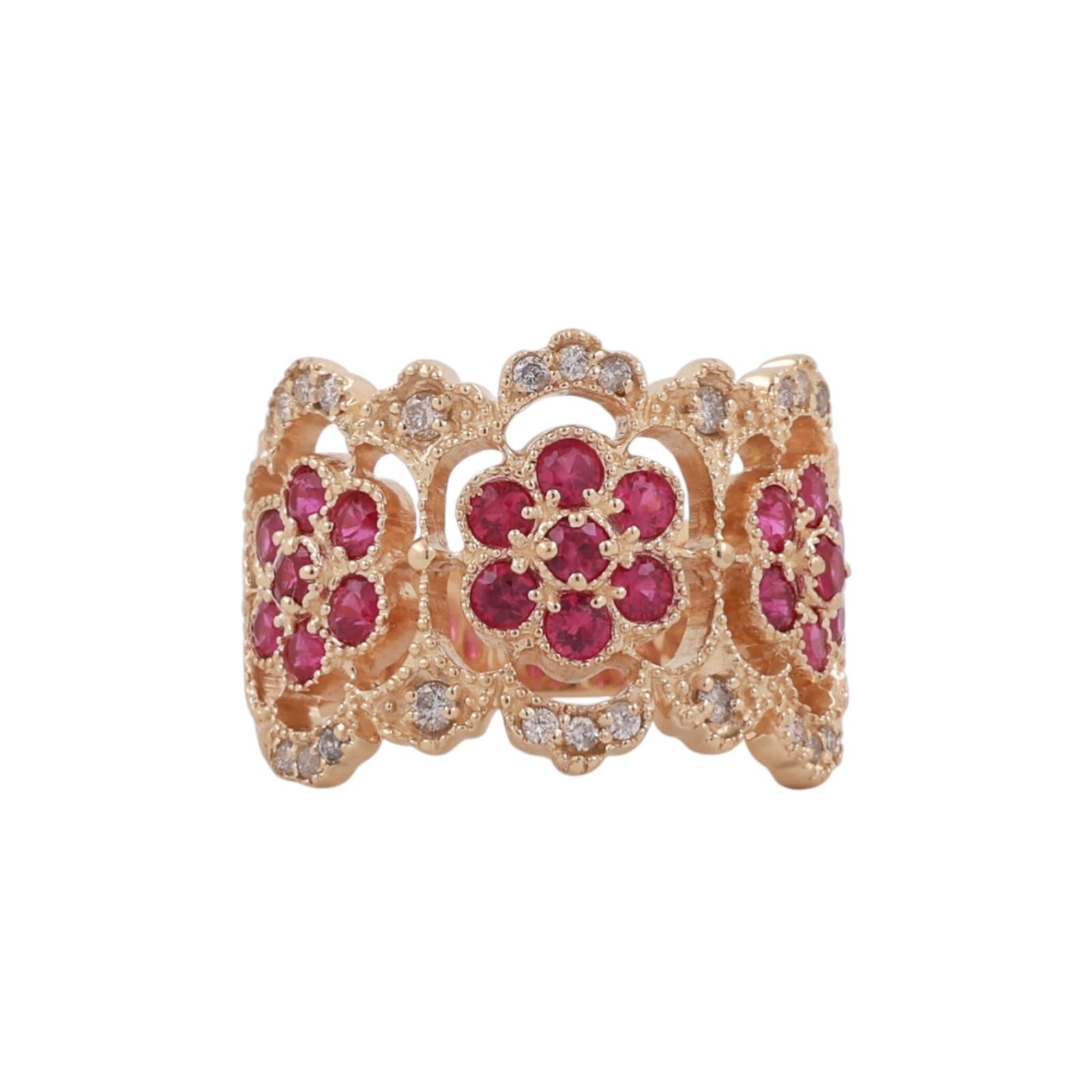 EFFY Ruby Diamond Wide Band Ring 14K Yellow Gold Floral 2.18CTW Size 7.5 Estate
