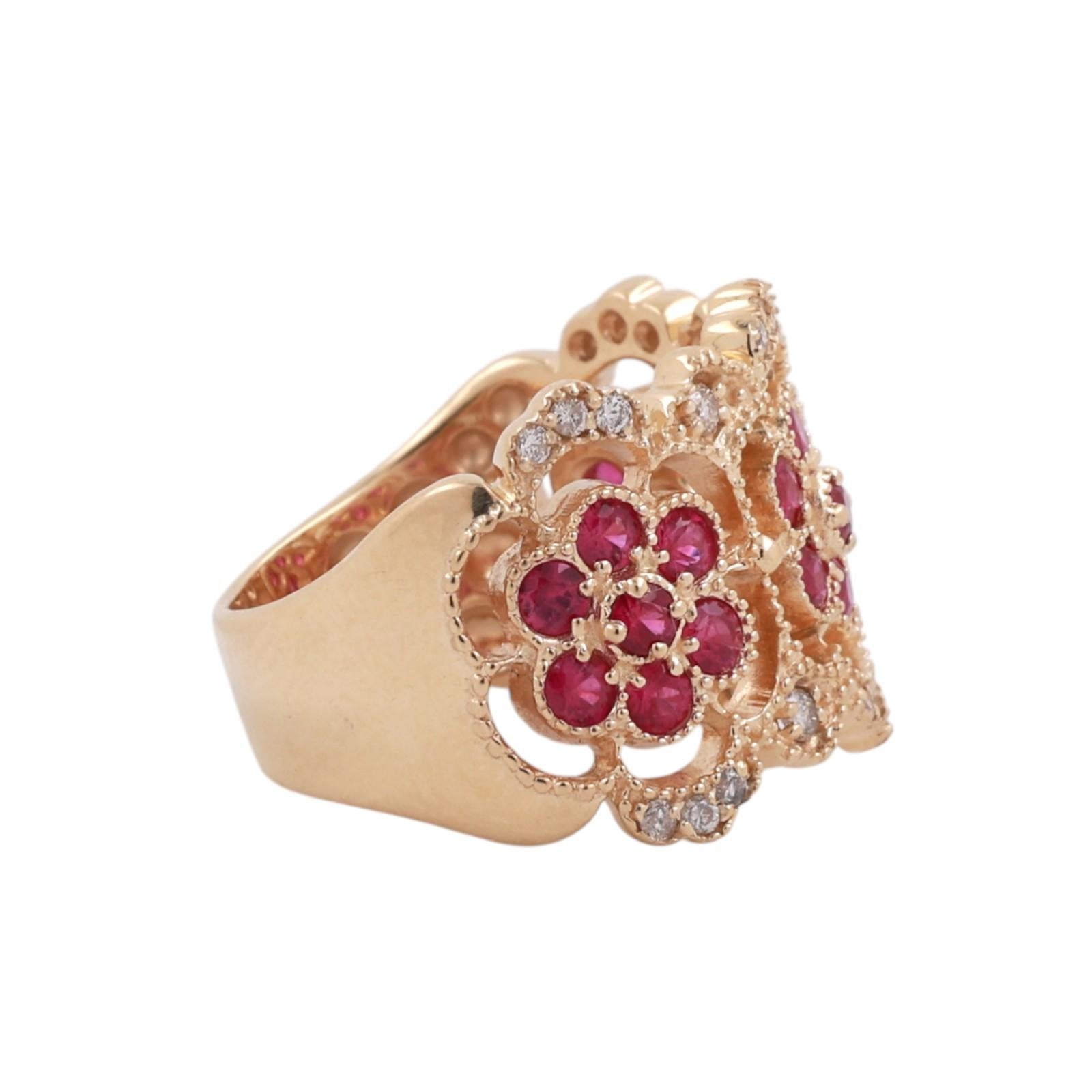 EFFY Ruby Diamond Wide Band Ring 14K Yellow Gold Floral 2.18CTW Size 7.5 Estate